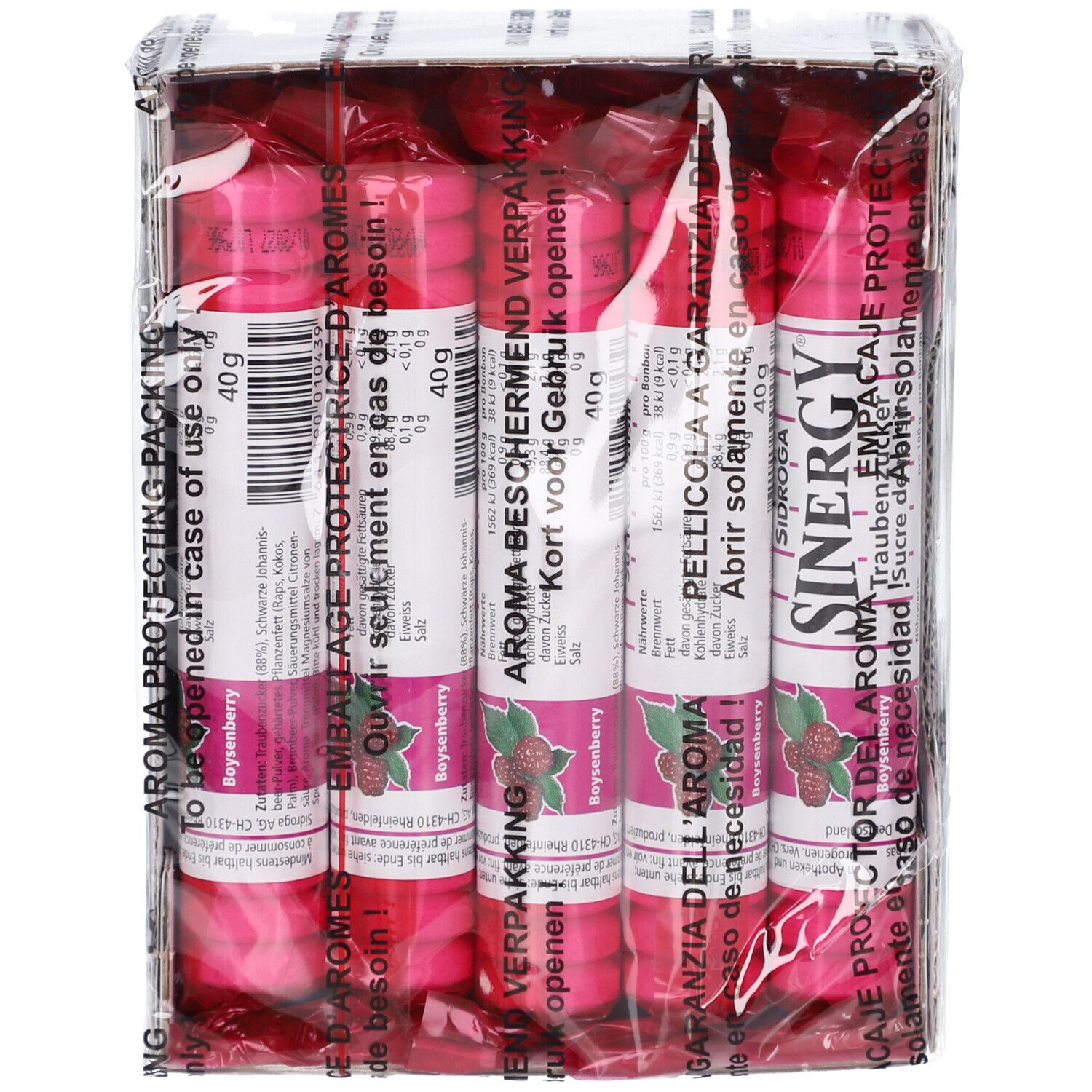 Packung mit zylinderförmigen, pinkfarbenen Tabletten. Aufdrucke: SINERGY, Boysenberry, 40 g.