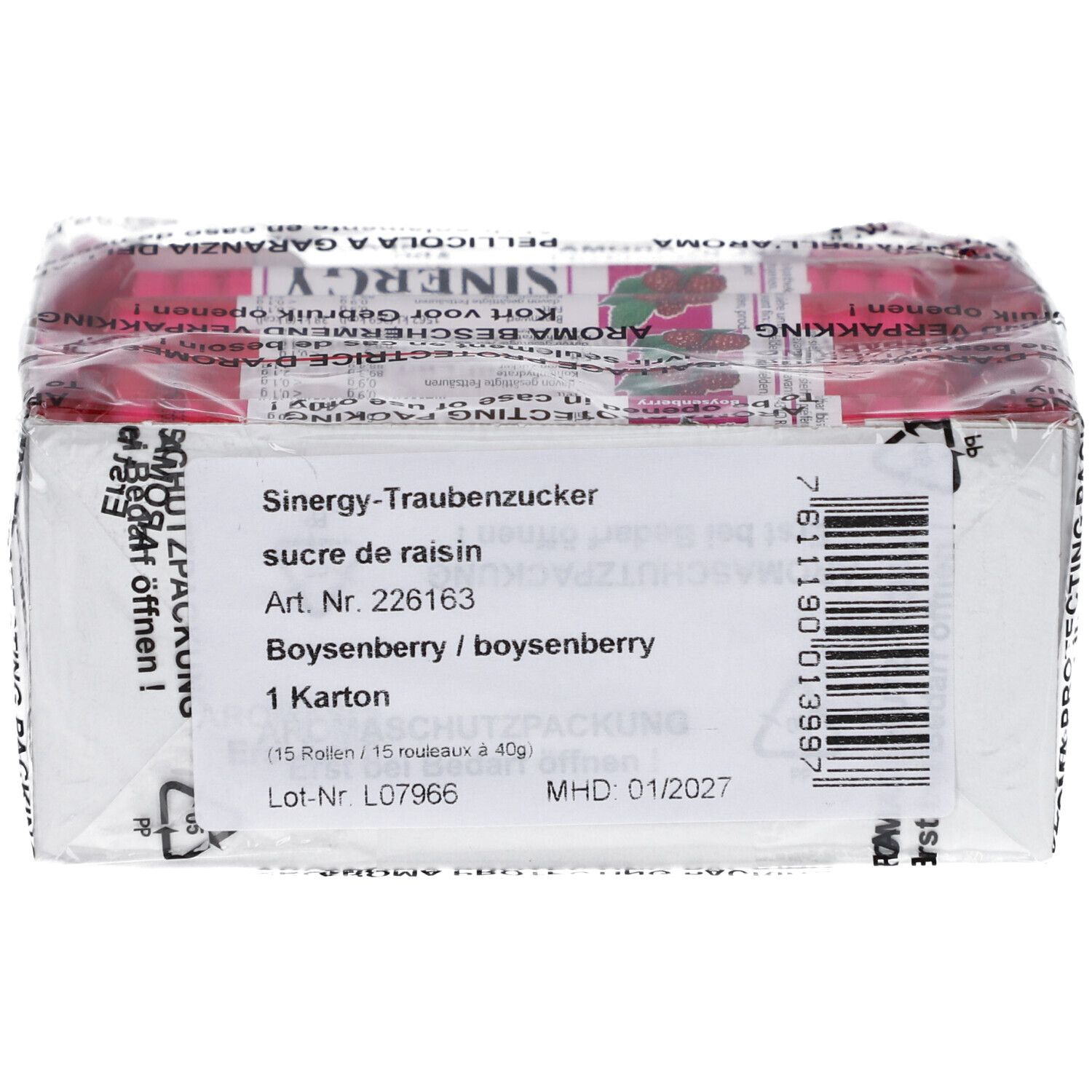 Karton mit Aufdrucken: Sinergy-Traubenzucker, Boysenberry, 1 Karton, MHD 01/2027.