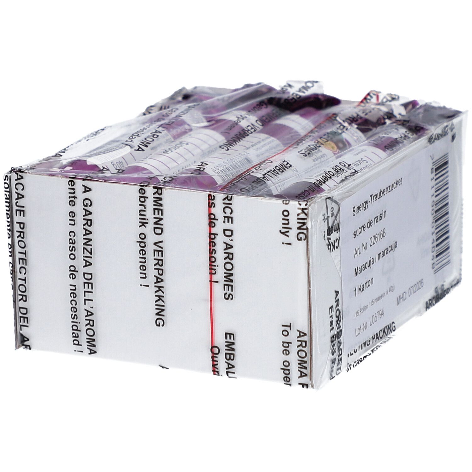 Verpackung von SINERGY Traubenzucker Maracuja. Box mit einzelnen Stäbchen, in Folie verpackt. Text in mehreren Sprachen.