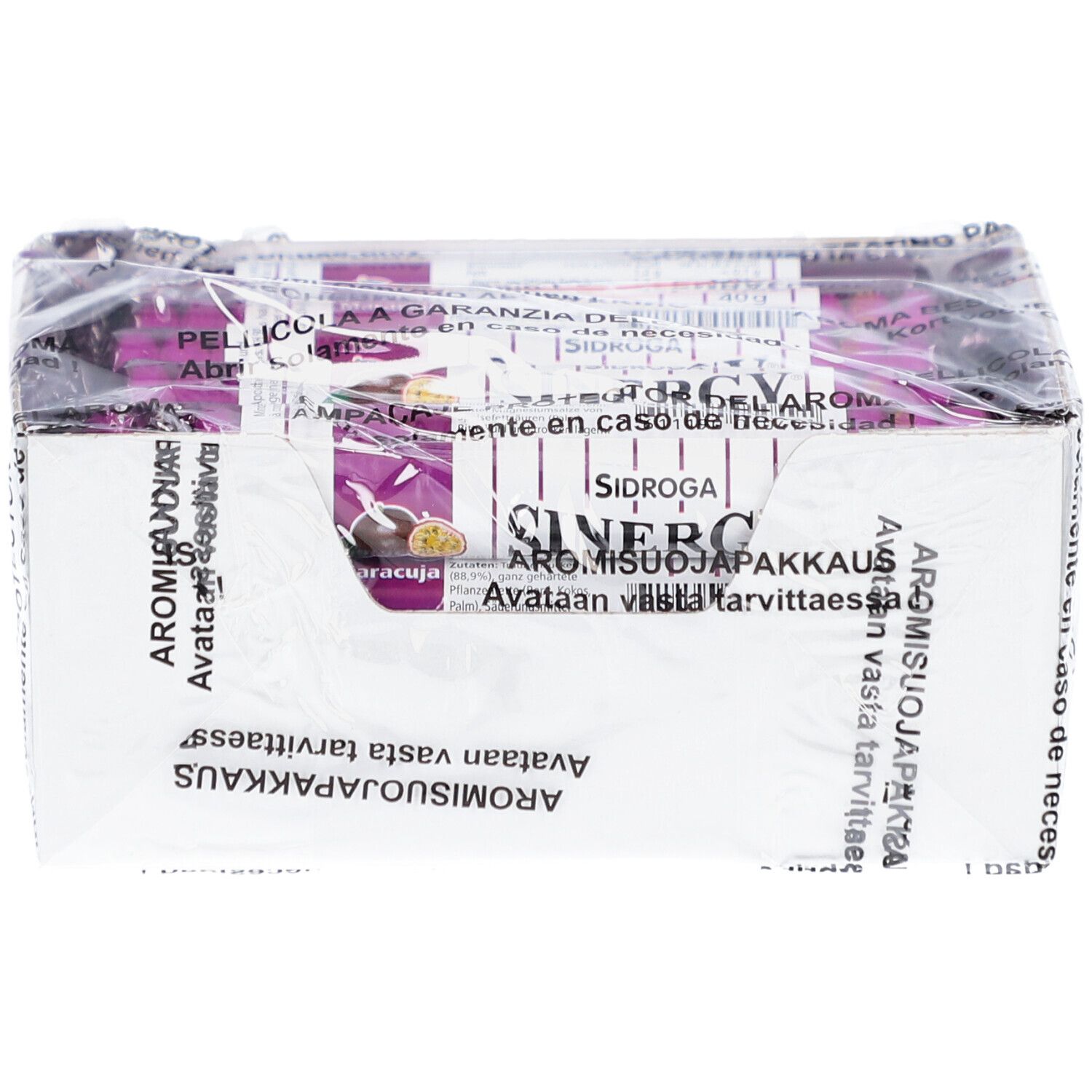 Verpackung von SINERGY Traubenzucker Maracuja. Box mit einzelnen Stäbchen, in Folie verpackt. Text in mehreren Sprachen.