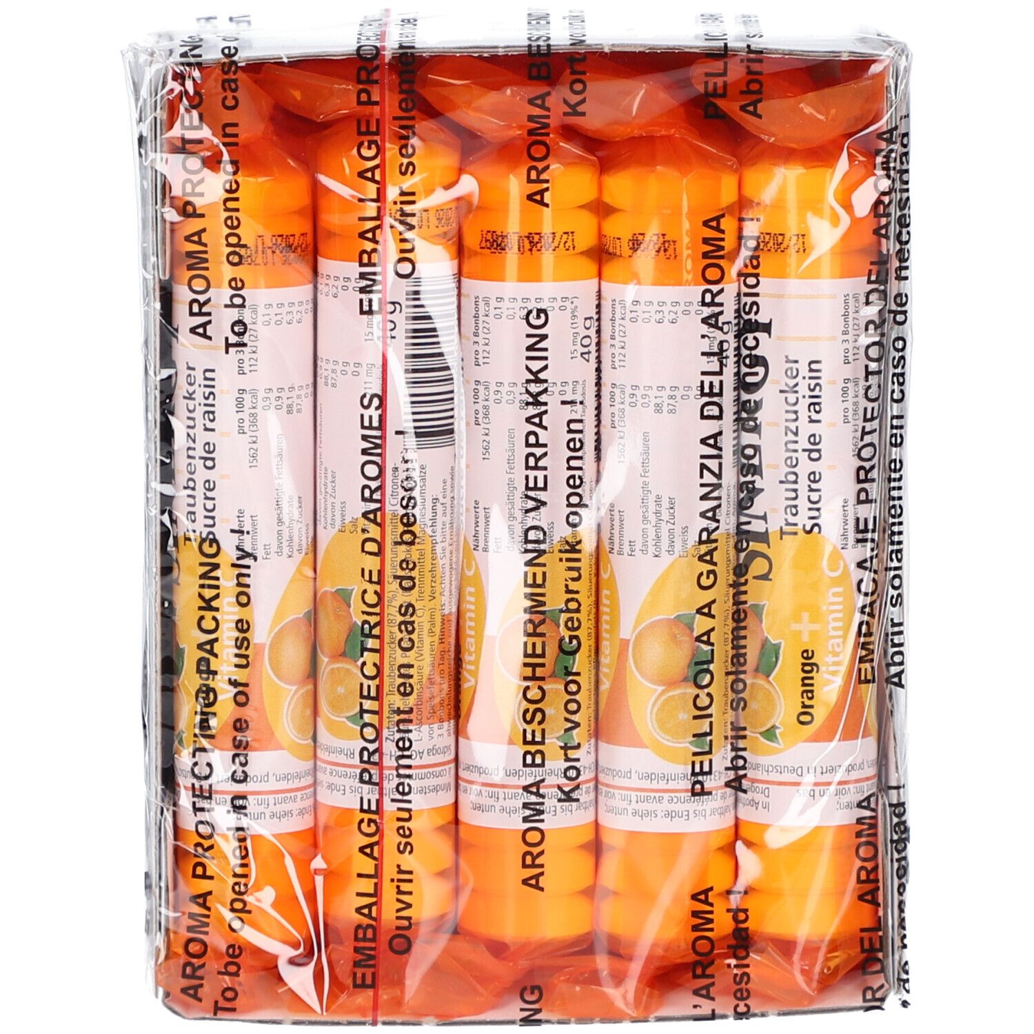 Packung mit zylindrischen Tabletten. Orangefarbene Verpackung mit Text in mehreren Sprachen. Sichtbar: "AROMA PROTECT".