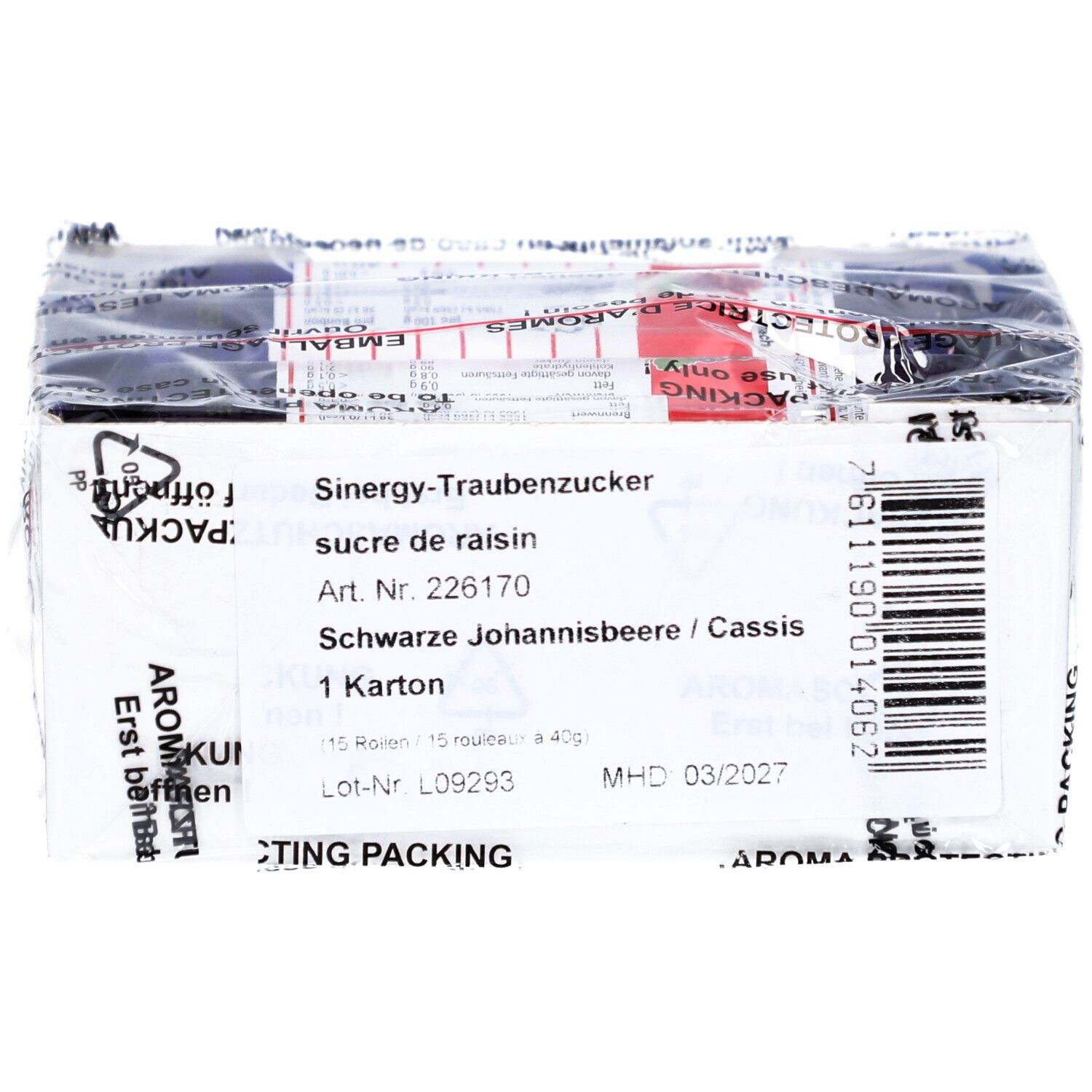 Boîte de SINERGY Traubenzucker. Emballage blanc avec informations produit et texte noir. Film transparent.