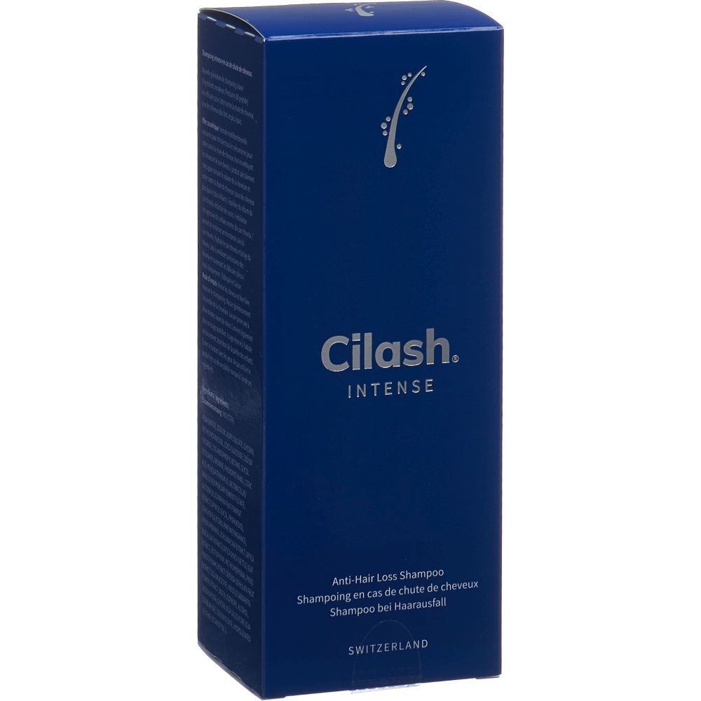 Boîte bleue avec logo "Cilash. INTENSE". Texte: Shampooing anti-chute de cheveux. Pays d'origine : Suisse.