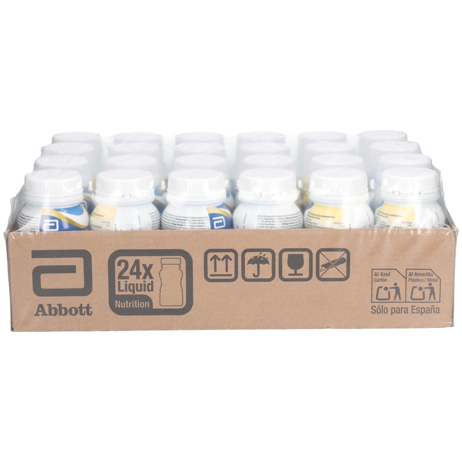 Nahaufnahme von Flaschen ENSURE Plus Banane in einer Kartonverpackung. Abbott-Logo und Produktbezeichnung sichtbar.