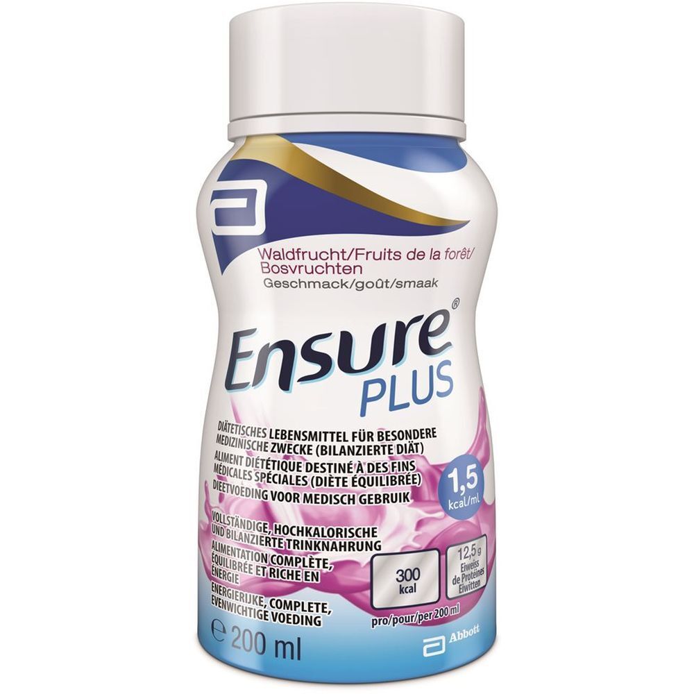 Flasche ABOTT Ensure® Plus Walderdbeere. Weißer Deckel, blau-goldene Banderole. Text: Ensure PLUS, 1,5 kcal/ml, 300 kcal, 200 ml.