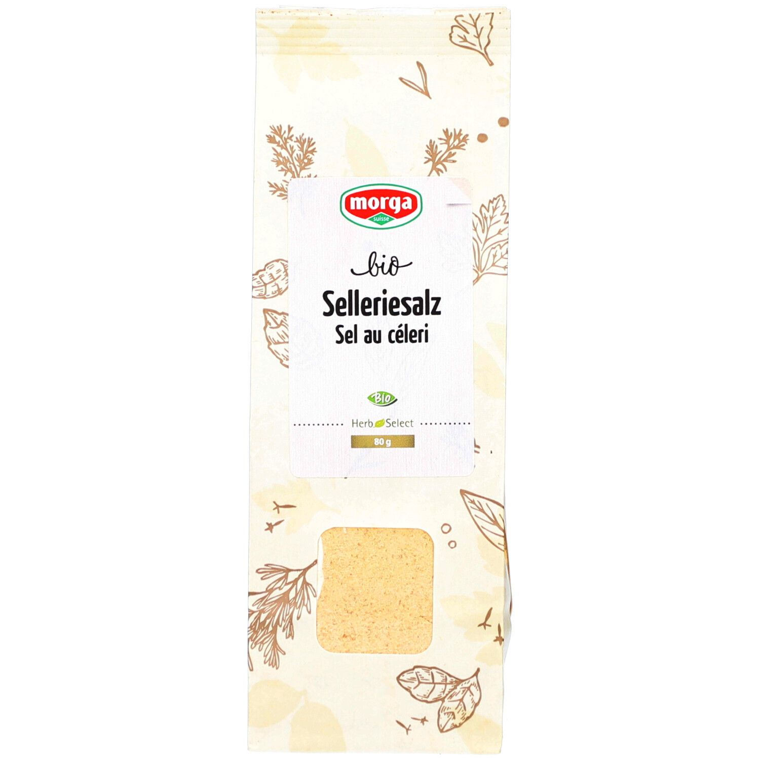 Emballage de MORGA Sel de céleri bio. Fenêtre montrant le contenu. Logo et nom du produit. Label Herbal Select.