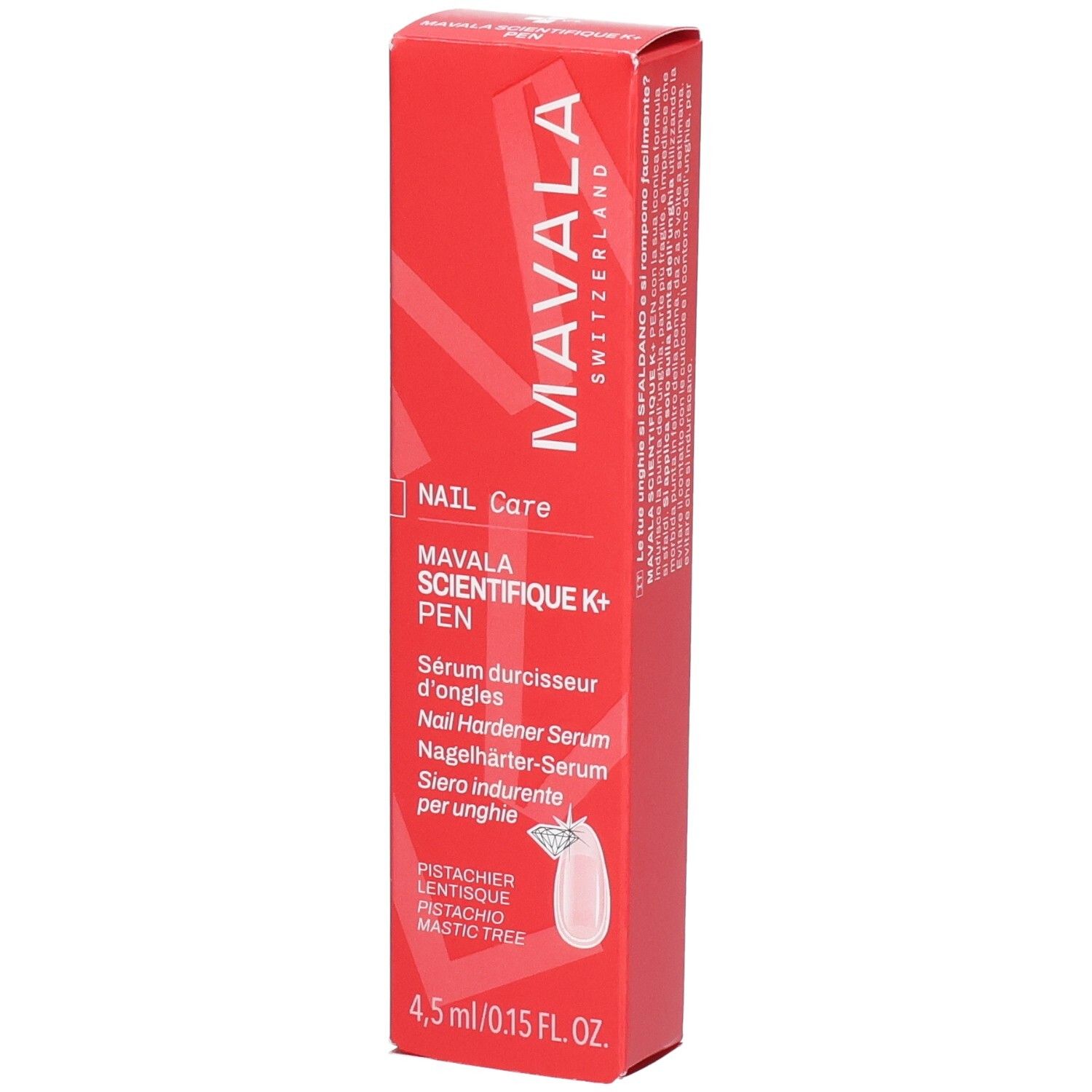 Rote Verpackung mit Mavala Schriftzug und Nagelhärter Serum Beschreibung.