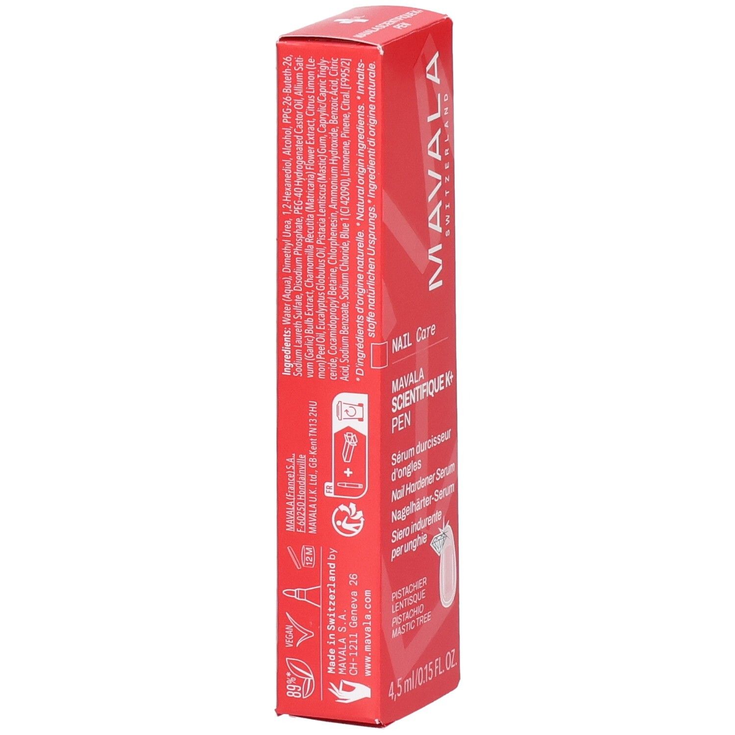Rückseite der roten Verpackung mit Inhaltsstoffen und Anwendungshinweisen.