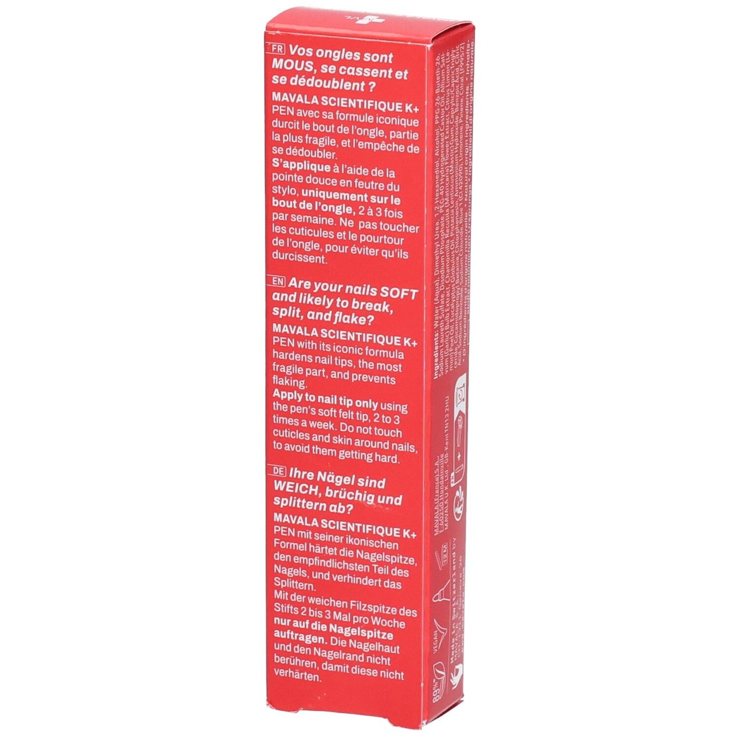 Seitenansicht der roten Verpackung mit Anwendungshinweisen in mehreren Sprachen.