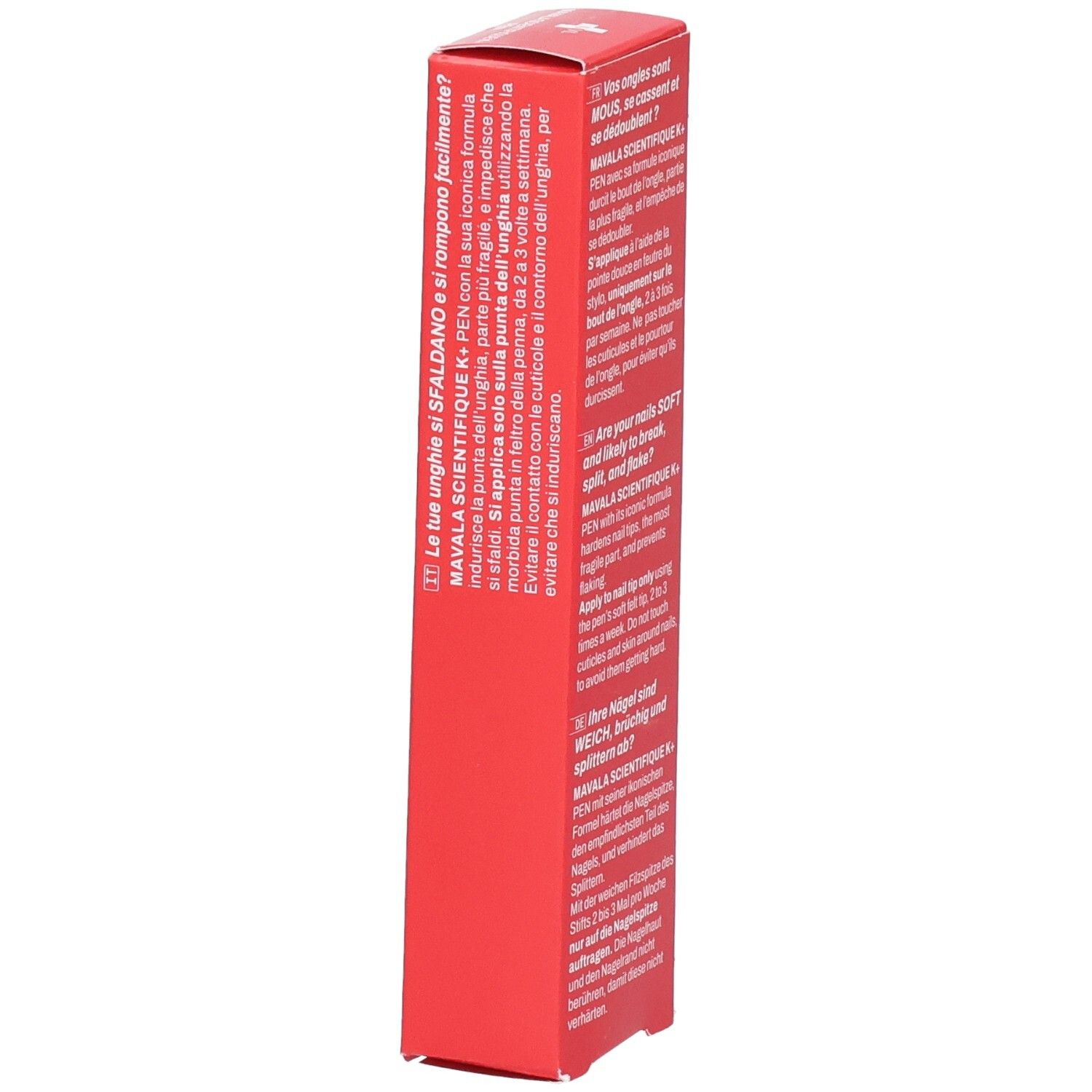 Seitenansicht der roten Verpackung mit Anwendungshinweisen in mehreren Sprachen.
