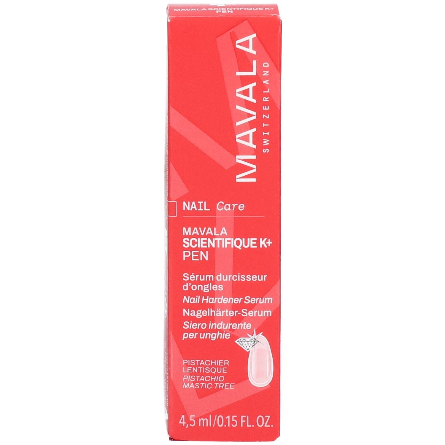 Rote Verpackung mit Mavala Schriftzug, Nagelhärter Serum und Nail Care Hinweis.