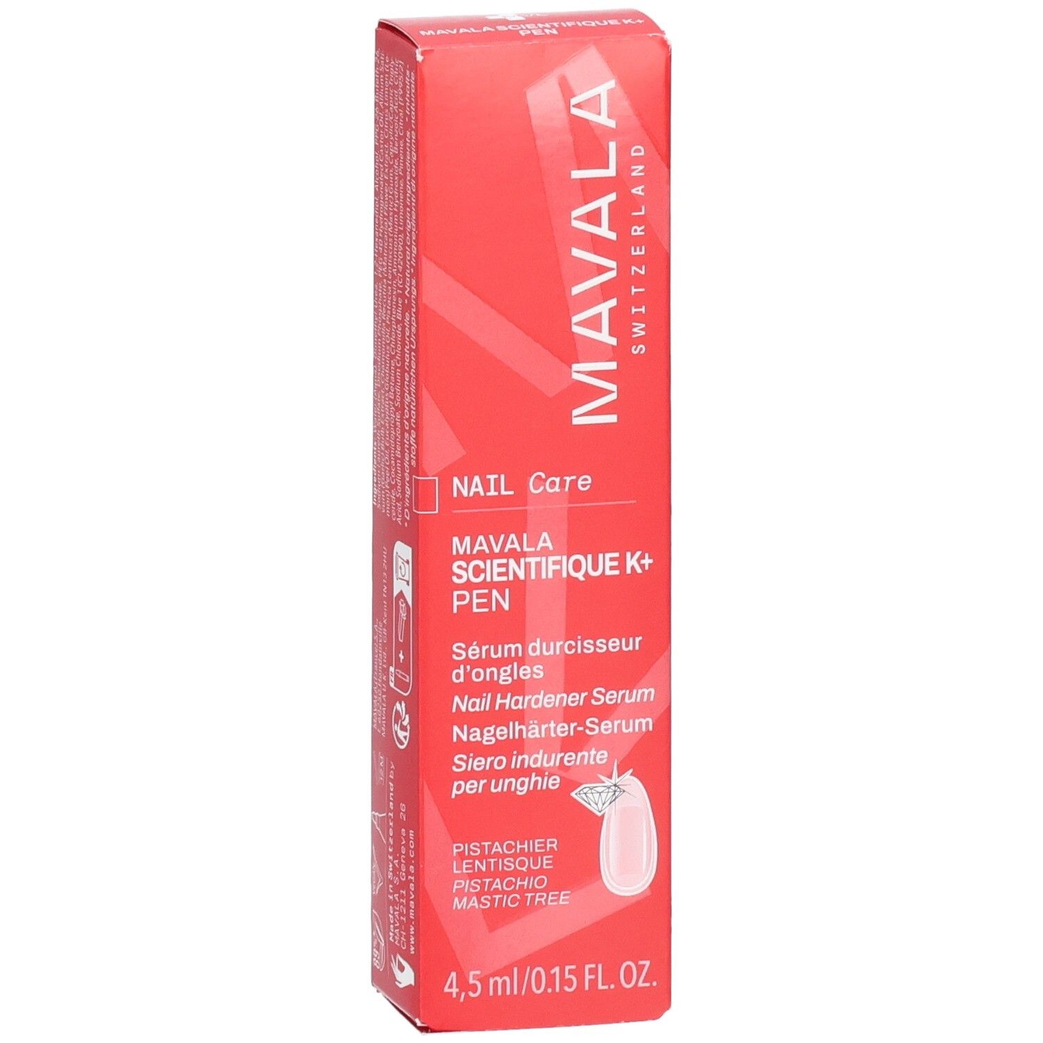 Rote Verpackung mit Mavala Schriftzug, Nagelhärter Serum und Nail Care Hinweis.