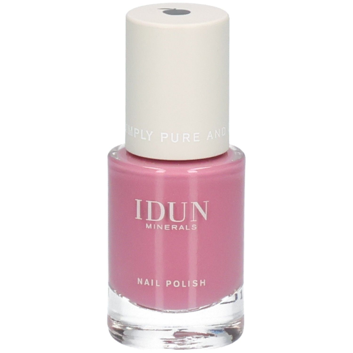 Rosafarbener Nagellack in Glasflasche mit weißem Deckel. Aufschrift: IDUN Minerals, Nail Polish.