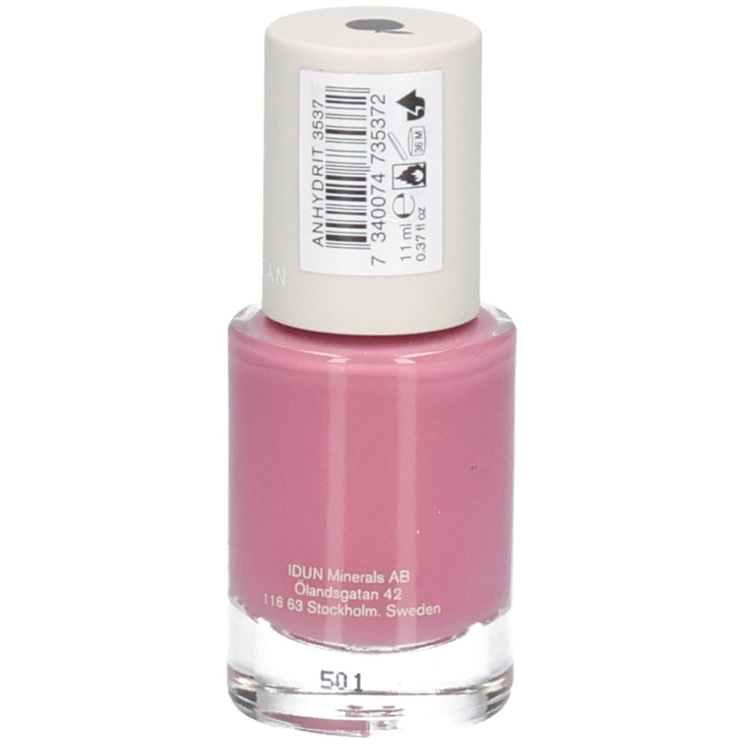 Nagellackflasche mit rosafarbenem Inhalt. Auf dem Etikett: Anhydrit, 11 ml, IDUN Minerals AB.