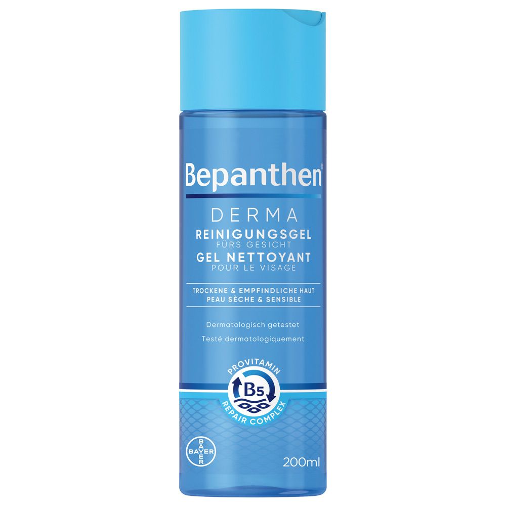 Flacon bleu transparent avec bouchon bleu. Inscription : Bepanthen Derma Gel Nettoyant. Pour peaux sèches et sensibles.