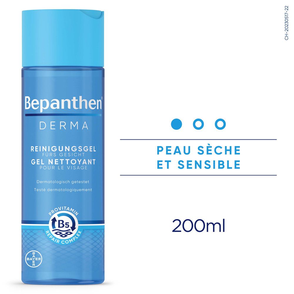 Flacon de produit avec bouchon bleu et inscription. Texte : Peau sèche et sensible. 200ml.