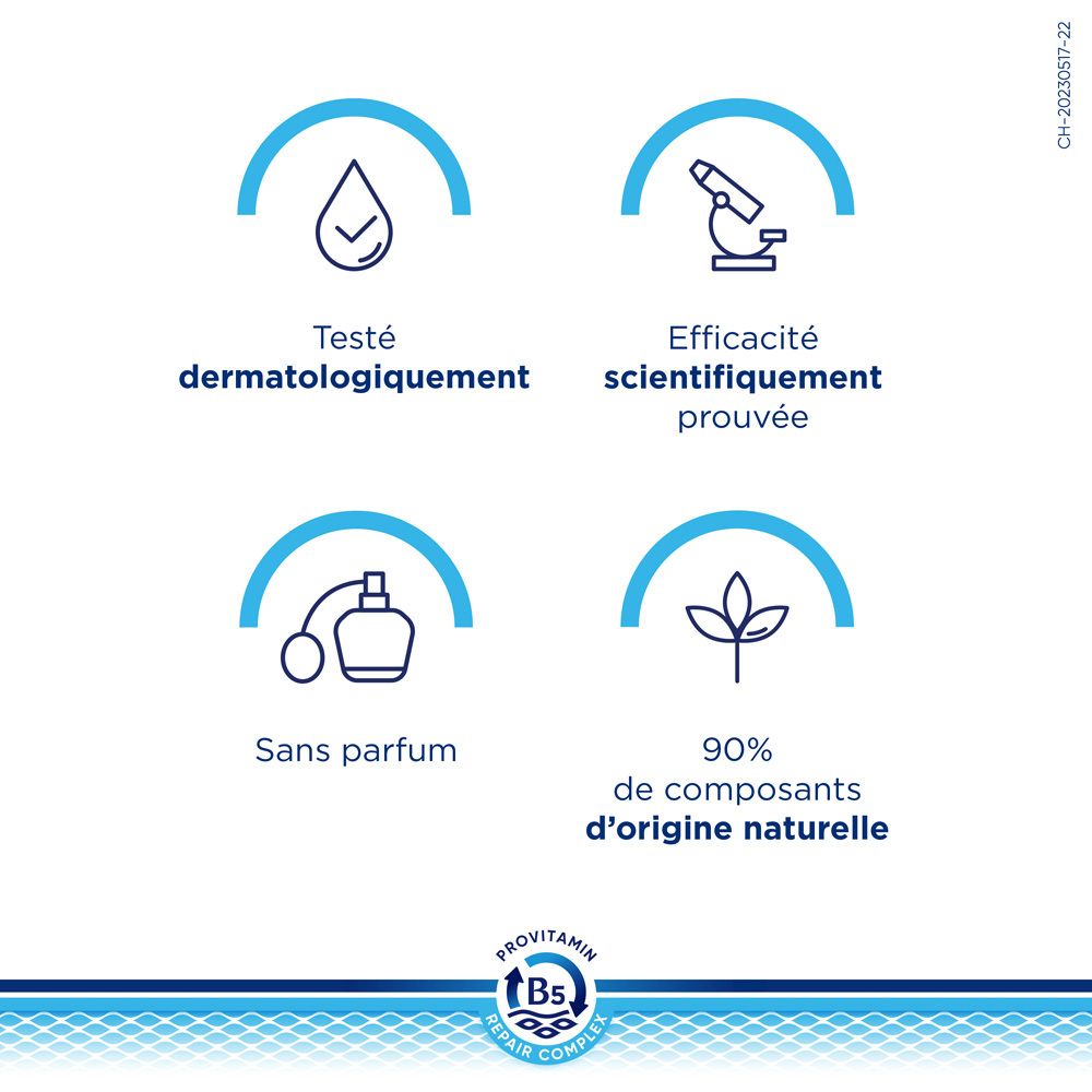 Graphique avec symboles : Testé dermatologiquement, efficacité prouvée scientifiquement, sans parfum, 90% d'ingrédients d'origine naturelle.