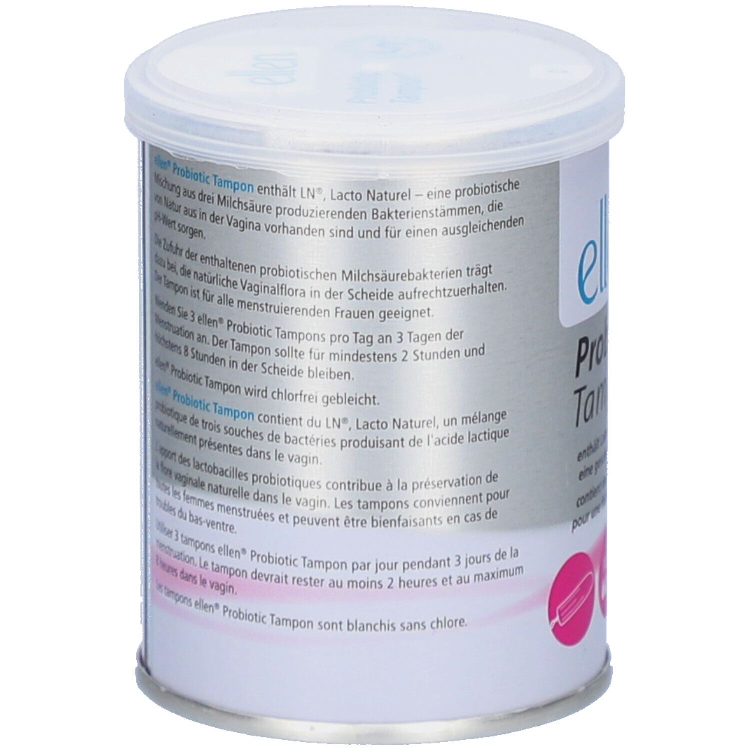 Boîte avec texte. Décrit les ingrédients et l'utilisation des tampons probiotiques ellen. Contient des informations.