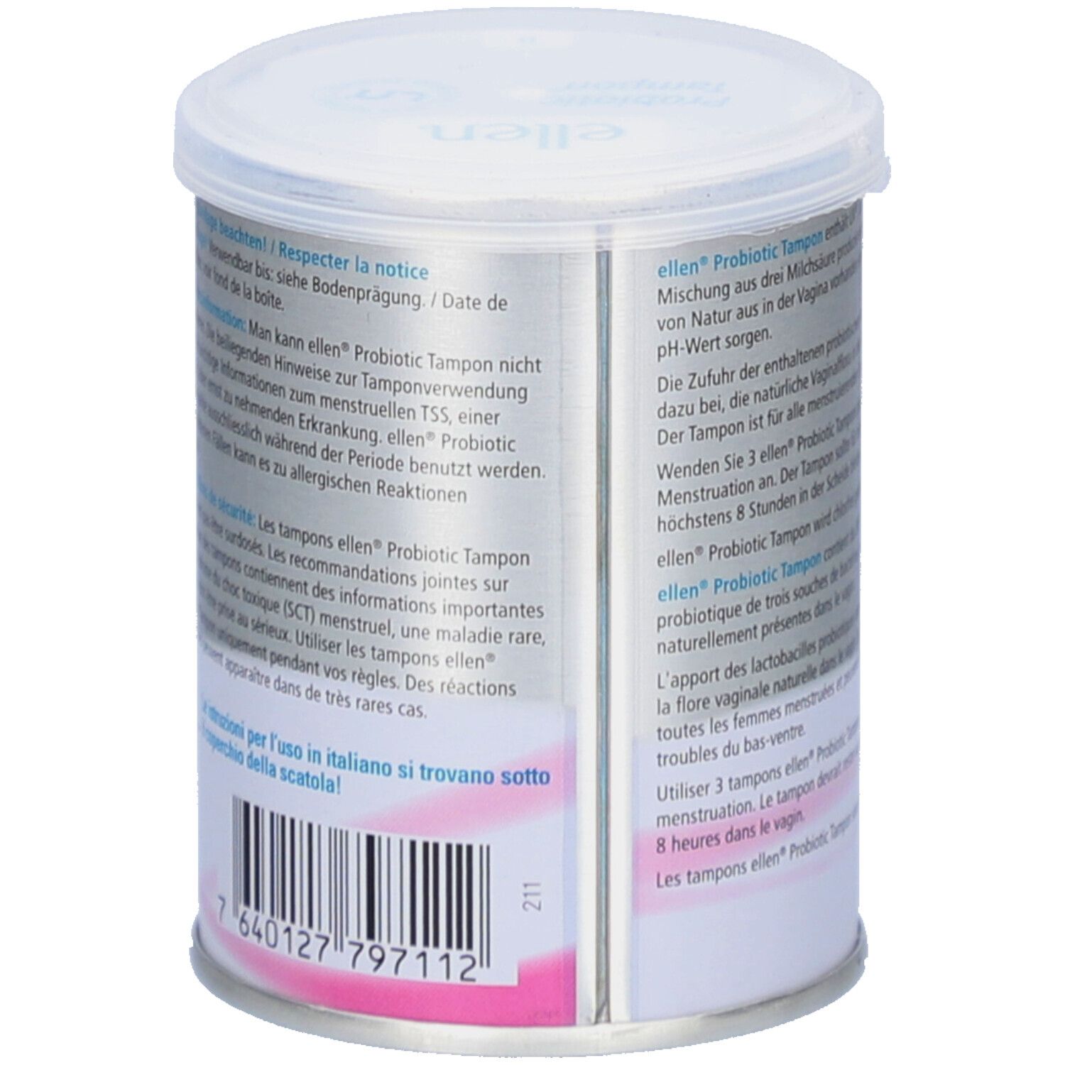 Boîte avec texte. Contient des informations sur l'utilisation, la sécurité et les ingrédients des tampons ellen.