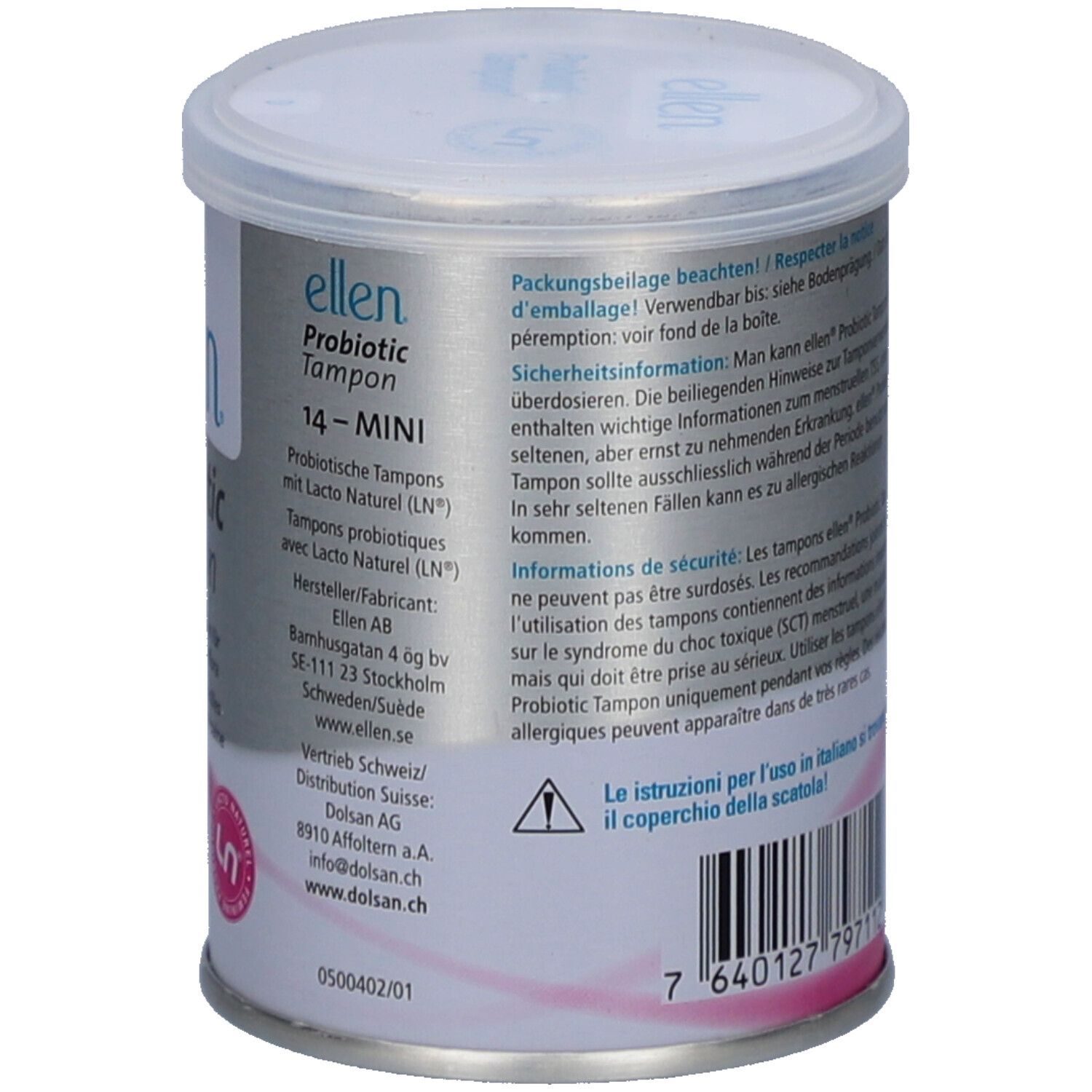 Boîte avec texte. Contient des informations sur l'utilisation, la sécurité et les ingrédients des tampons ellen.