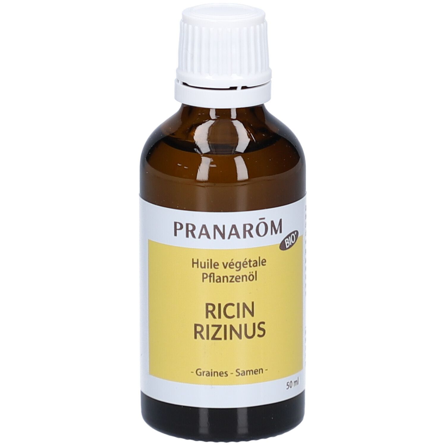 Braune Glasflasche mit weißem Deckel. Etikett mit Text: Pranarôm, Huile végétale, Ricin Rizinus, BIO-Siegel.
