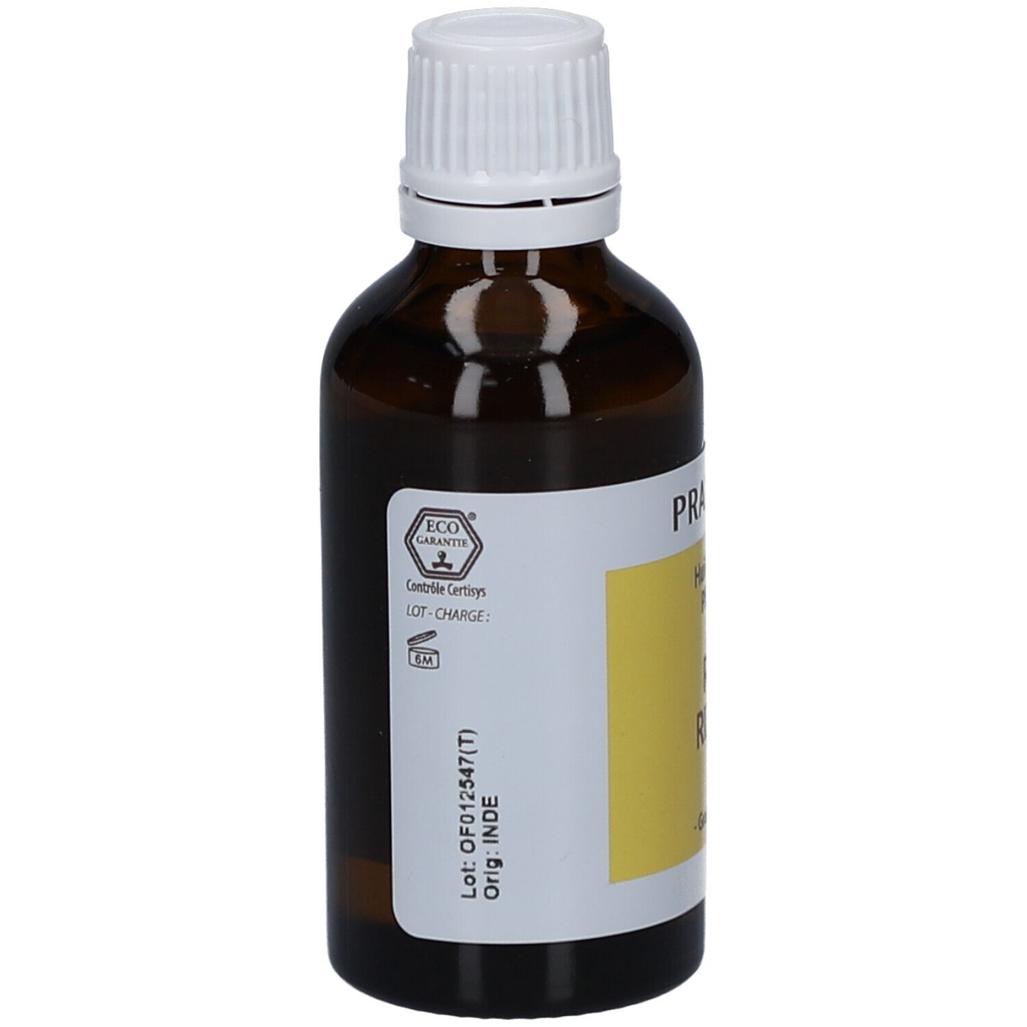 Braune Glasflasche mit weißem Deckel. Etikett mit Text und Eco Garantie-Siegel. Rückseite mit Text und Chargennummer.