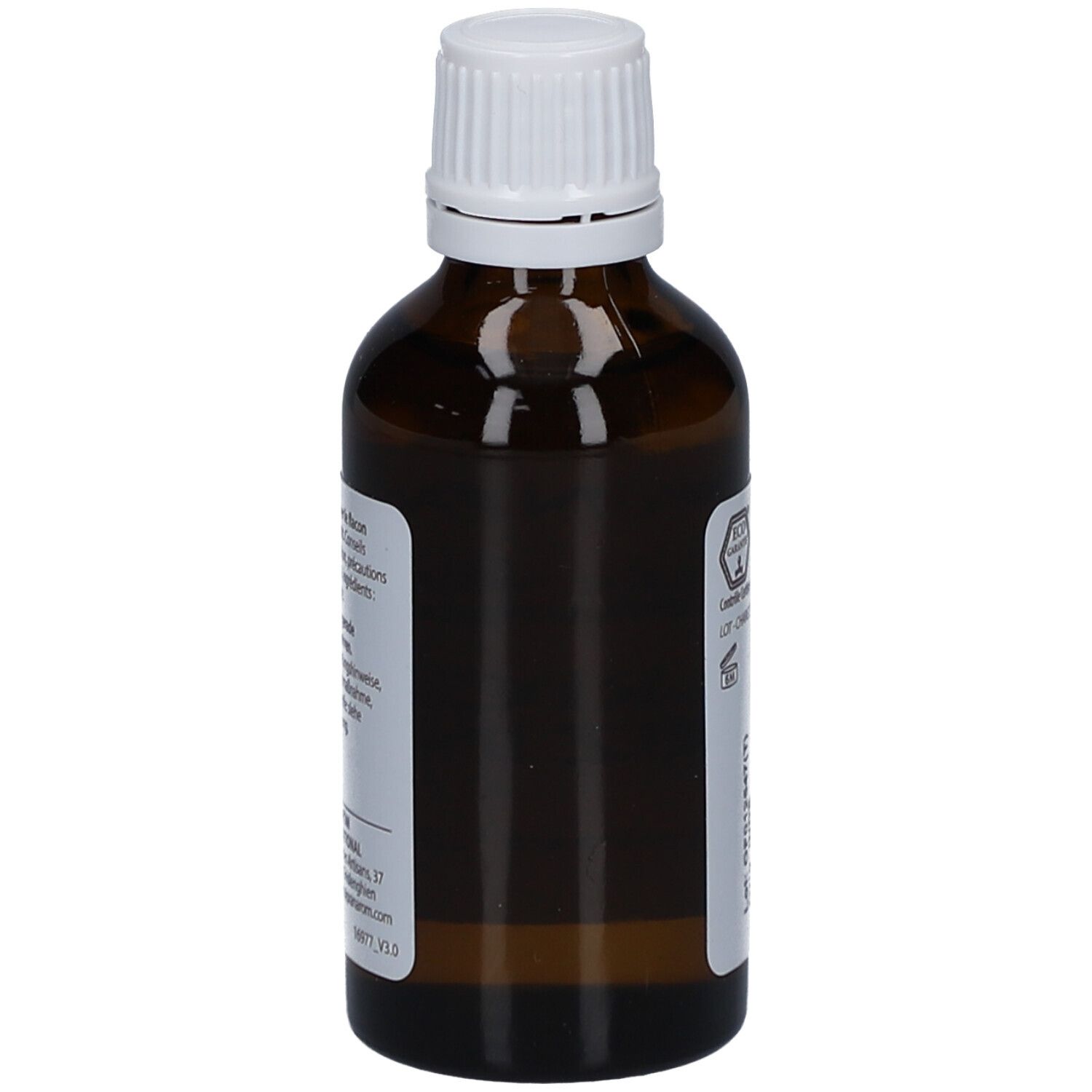 Braune Glasflasche mit weißem Deckel. Rückseite mit Text. Keine weiteren Merkmale.