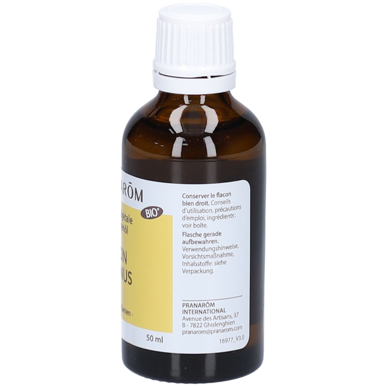 Braune Glasflasche mit weißem Deckel. Etikett mit Text. BIO-Siegel. Rückseite mit Text.