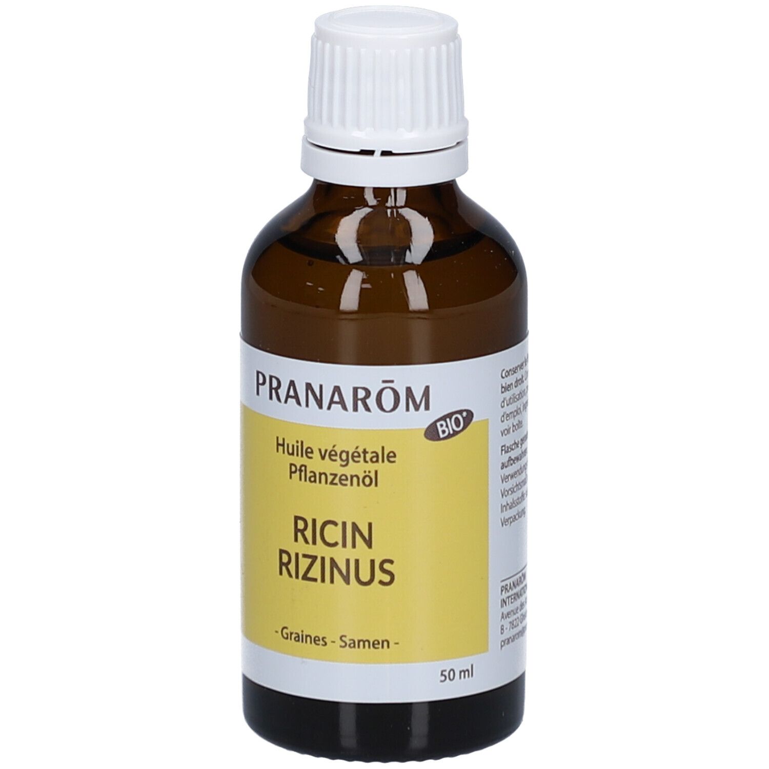 Braune Glasflasche mit weißem Deckel. Etikett mit Text: Pranarôm, Huile végétale, Ricin Rizinus, BIO-Siegel.