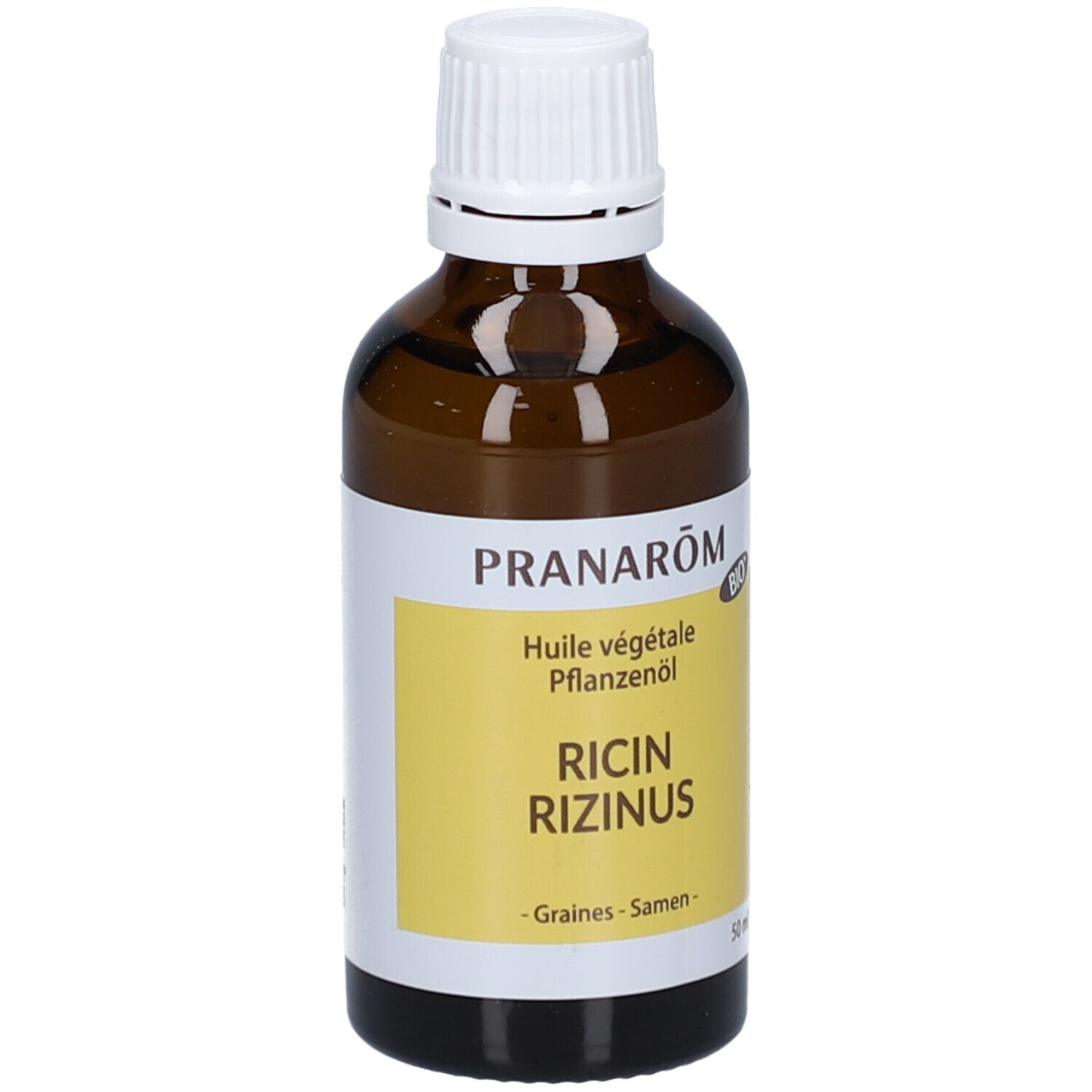 Braune Glasflasche mit weißem Deckel. Etikett mit Text: Pranarôm, Huile végétale, Ricin Rizinus, BIO-Siegel.