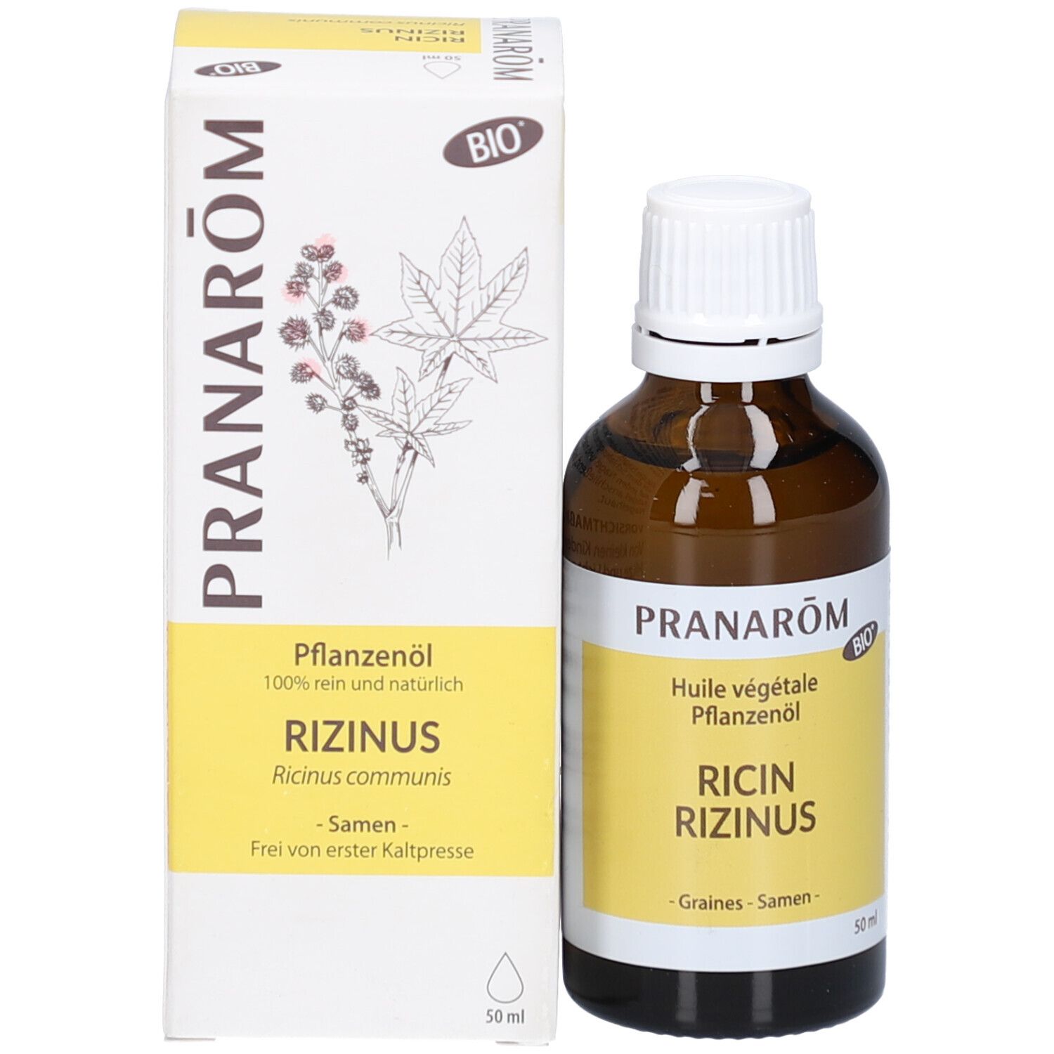 Produktflasche und Verpackung. Flasche: braunes Glas, weißer Deckel. Verpackung: weiß, gelb, Text: Rizinus, BIO.