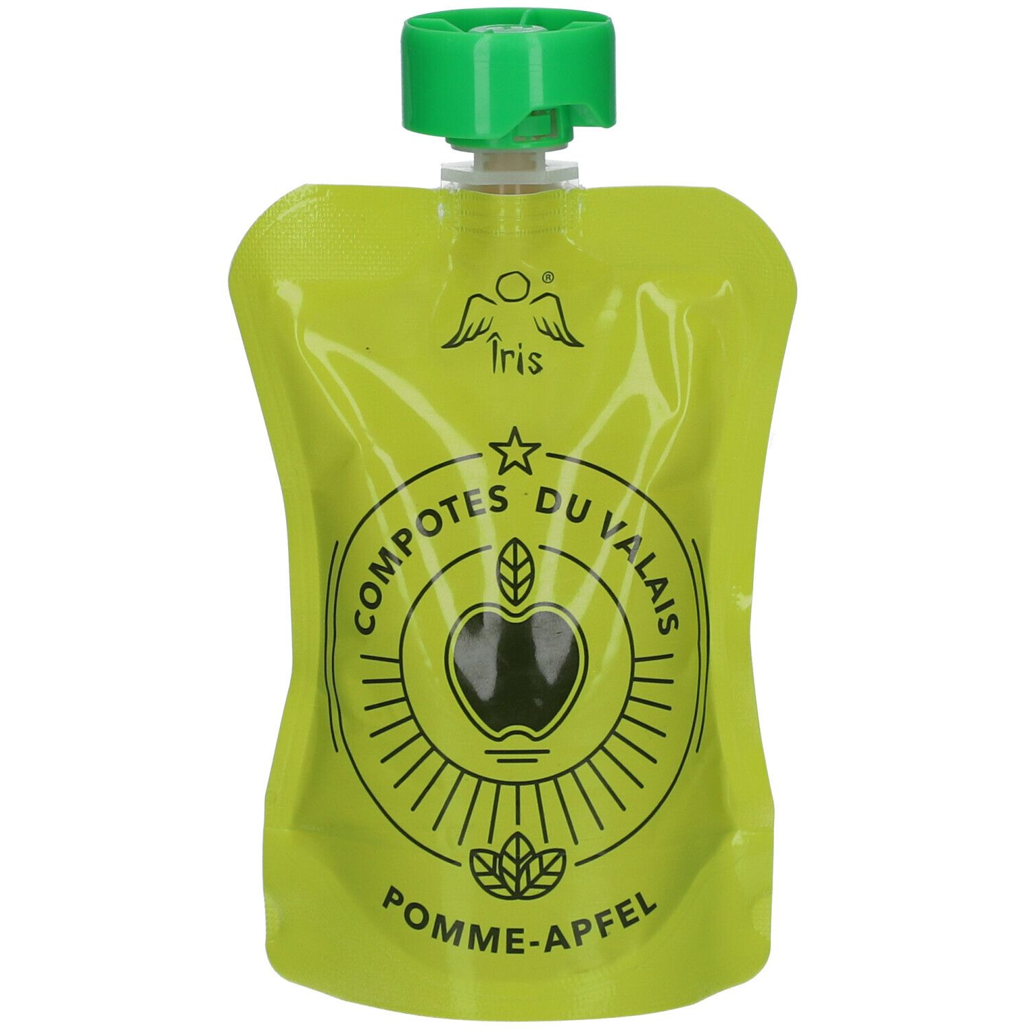 Grüner Quetschbeutel mit Apfelkompott. Oben grüner Verschluss. Logo mit Apfel und Text: Compotes du Valais, Pomme-Apfel.