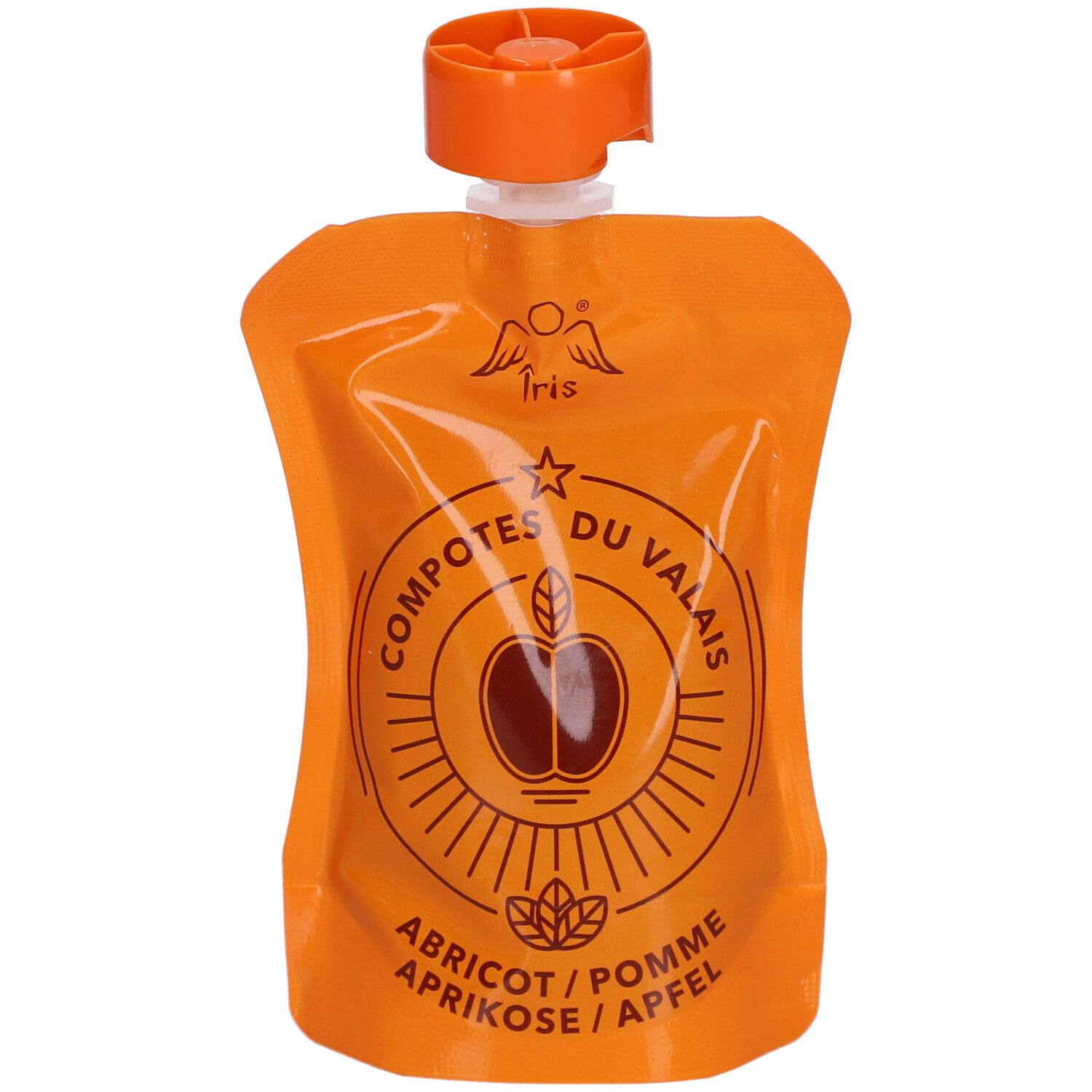 Orangefarbener Quetschbeutel mit Aprikosen- und Apfelkompott. Logo mit Apfel und Schriftzug 'Comptes du Valais'.