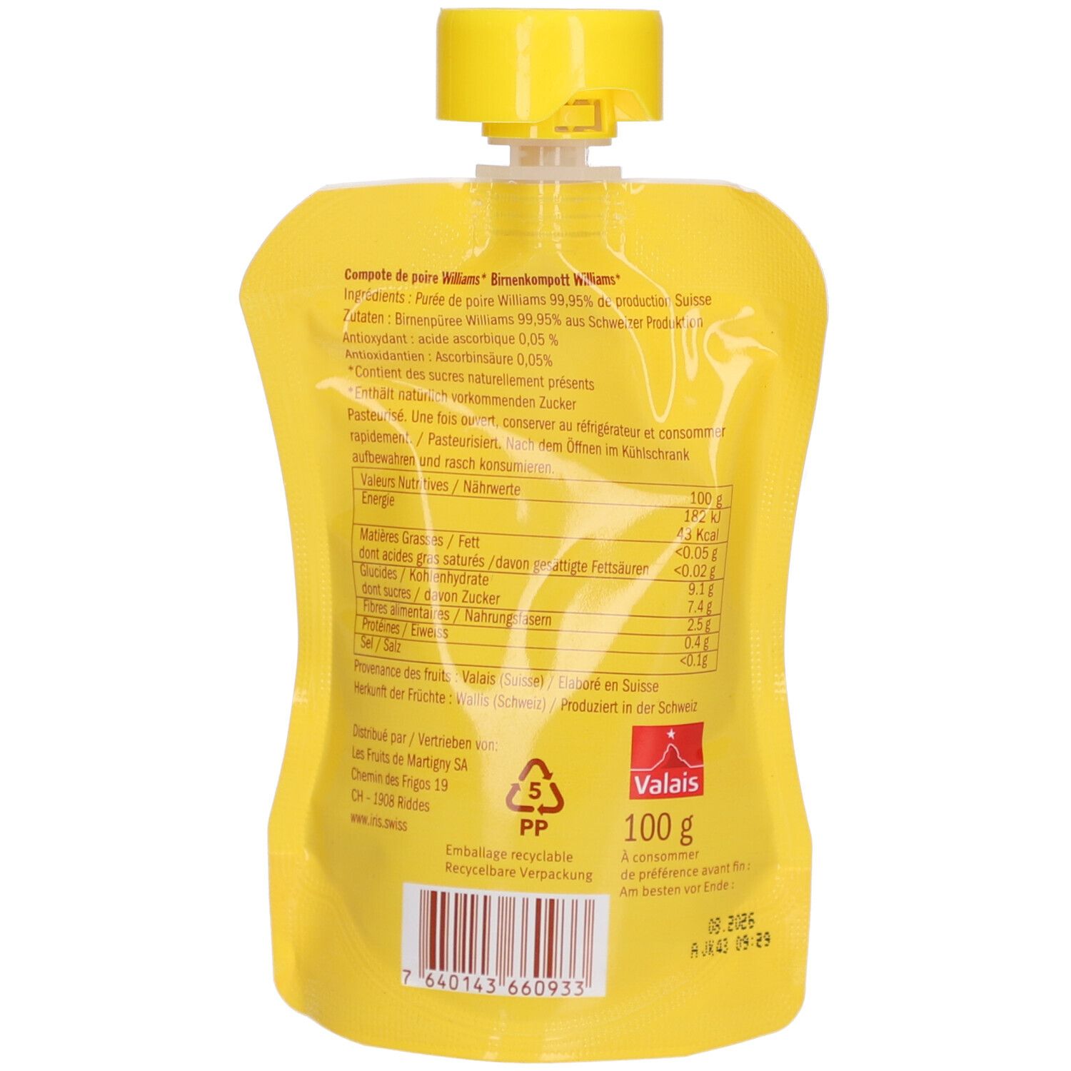 Rückseite des gelben Quetschbeutels. Text: Zutaten, Nährwerte, "Valais" Logo, 100 g.