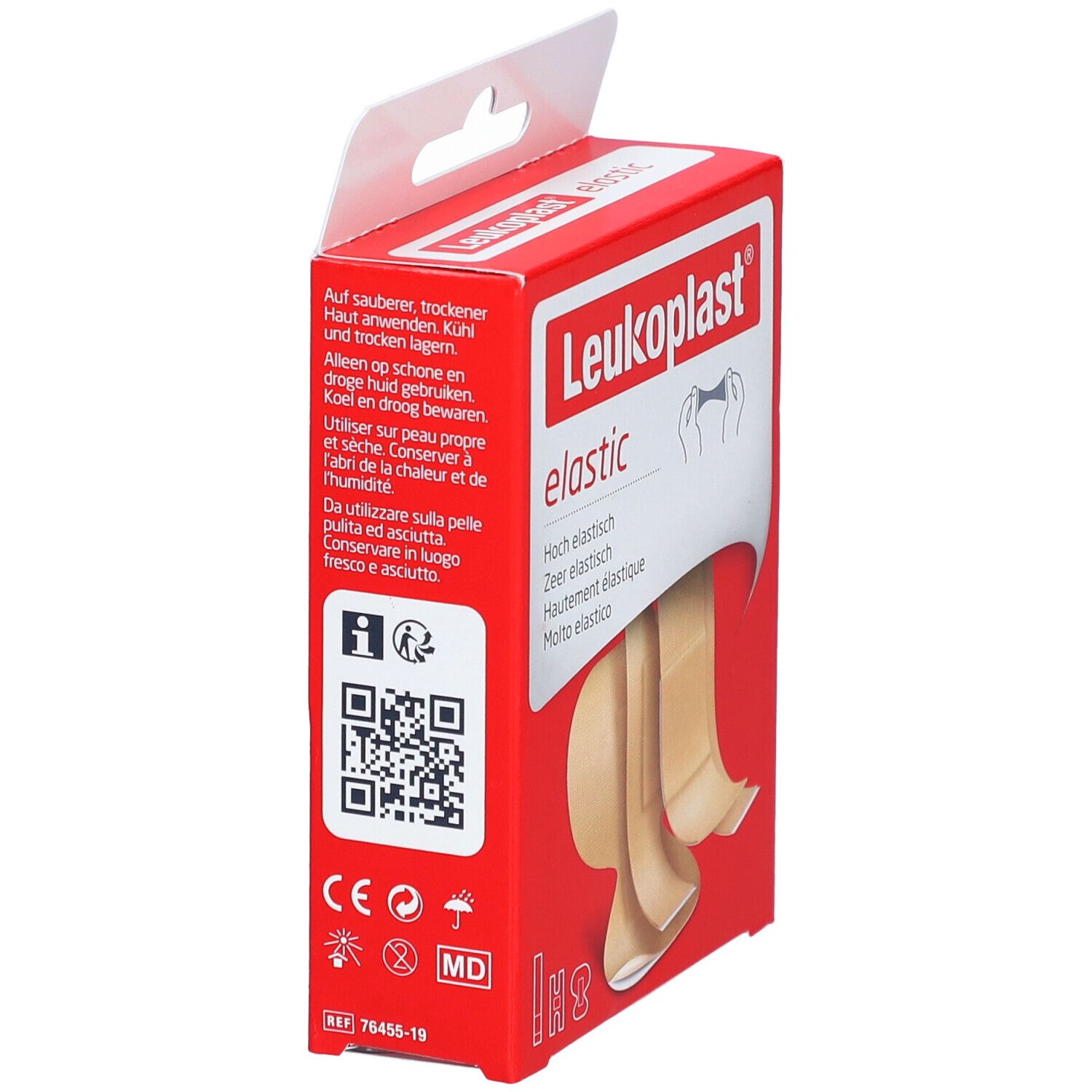 Leukoplast elastic Verpackung. Rote Schachtel mit Produktinformationen und QR-Code. Pflaster sind teilweise sichtbar.