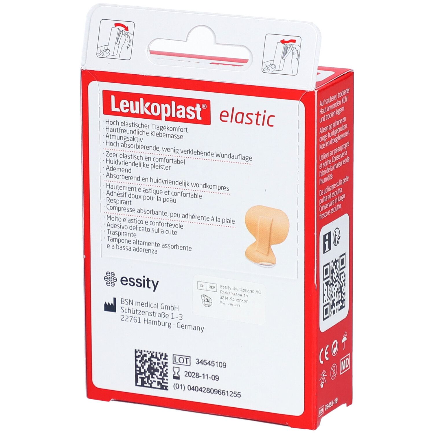 Rückseite der Leukoplast elastic Verpackung. Rote Schachtel mit Produktinformationen, QR-Code und Chargennummer.