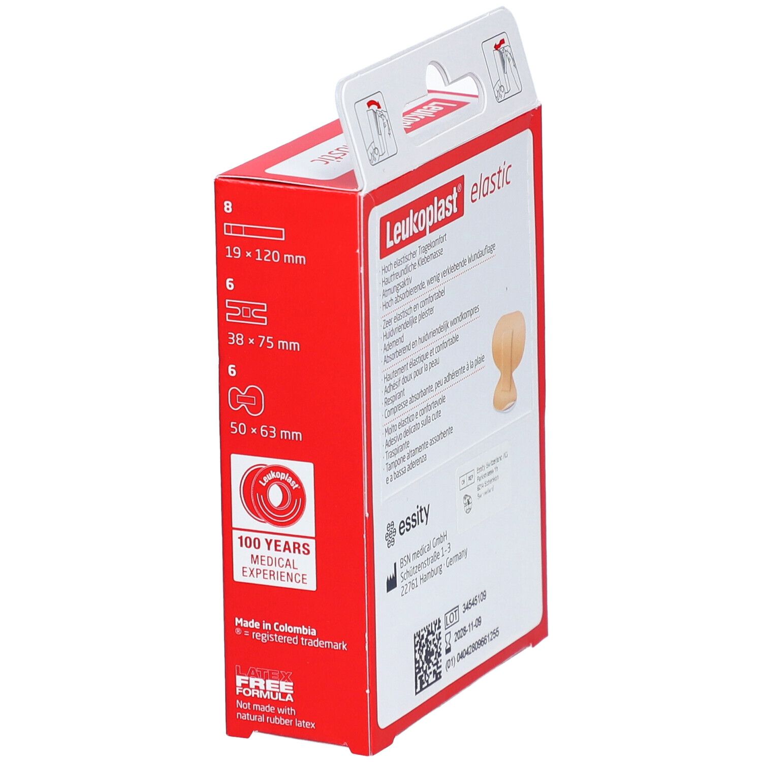 Leukoplast elastic Verpackung. Rote Schachtel mit Größenangaben und Logo. Pflaster sind teilweise sichtbar.