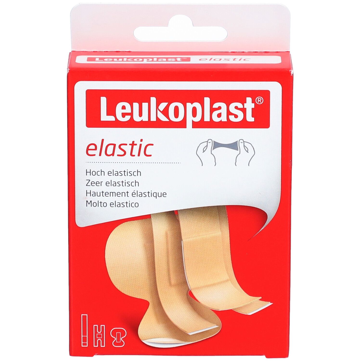 Verpackung von Leukoplast elastic. Rote Schachtel mit Produktname und Pflastern. Pflaster sind teilweise sichtbar.