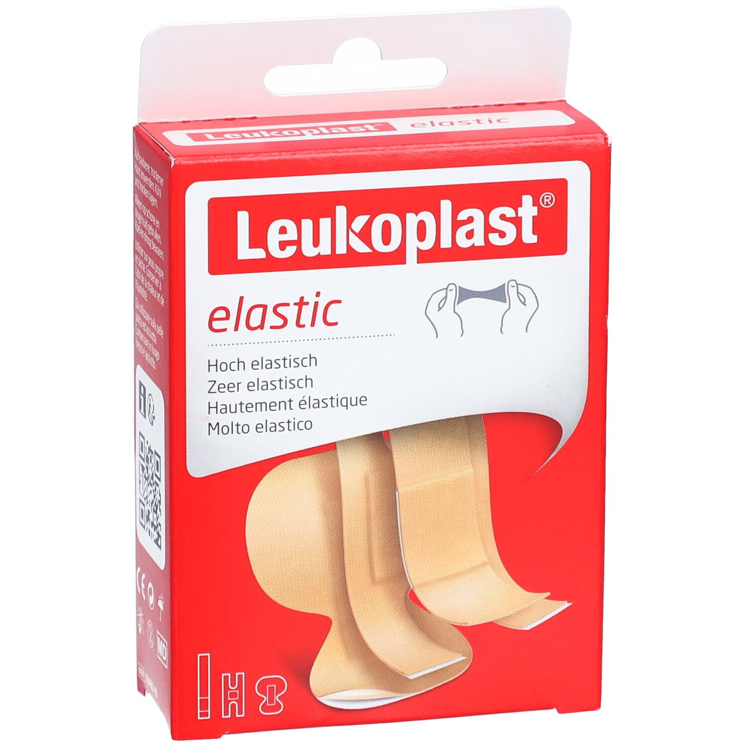 Leukoplast elastic Verpackung. Rote Schachtel mit Produktname und Pflastern. Pflaster sind teilweise sichtbar.