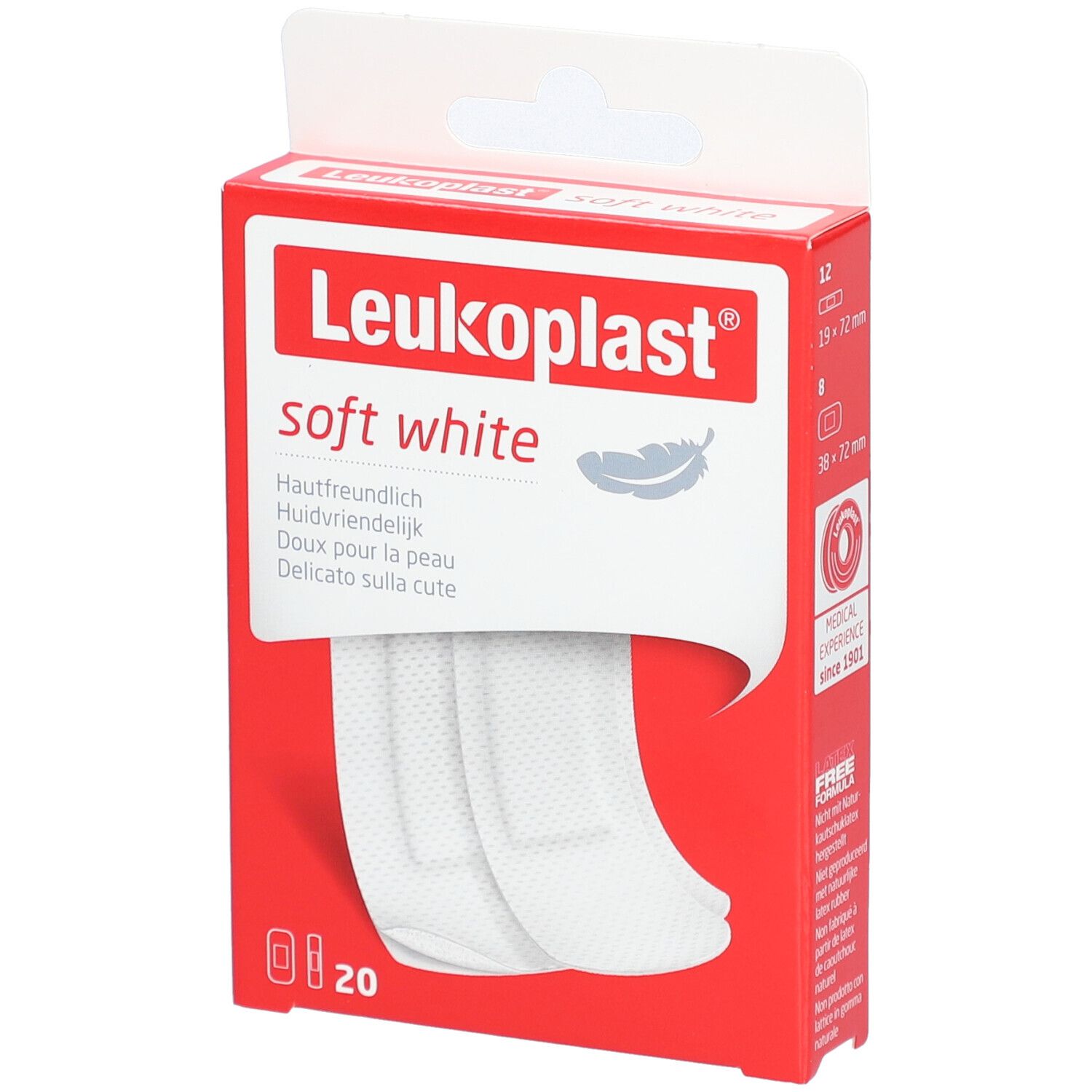 Rote Verpackung mit Leukoplast Soft White. Enthält 20 Pflaster. Größen: 12 x 72 mm und 38 x 63 mm.