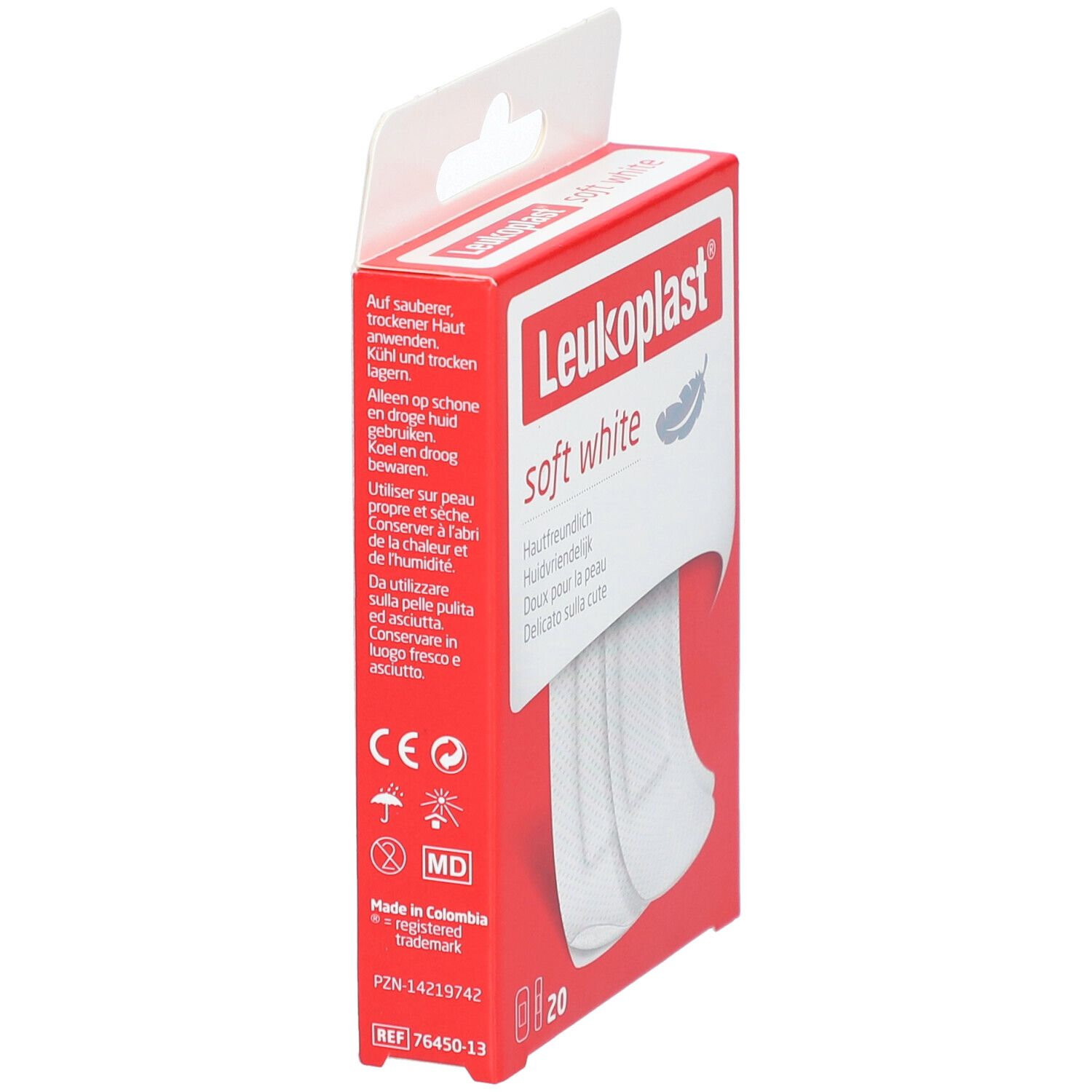 Rote Verpackung Leukoplast Soft White. Text auf Deutsch, Niederländisch, Französisch und Italienisch. 20 Pflaster.