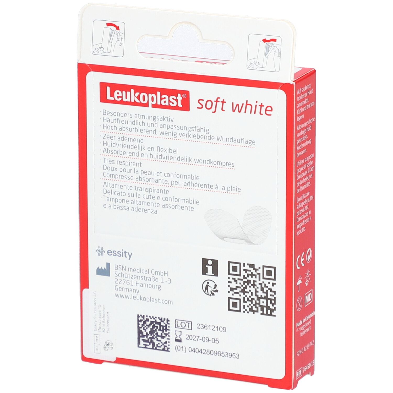 Rückseite der roten Verpackung Leukoplast Soft White. Informationen zu Inhaltsstoffen und Hersteller.