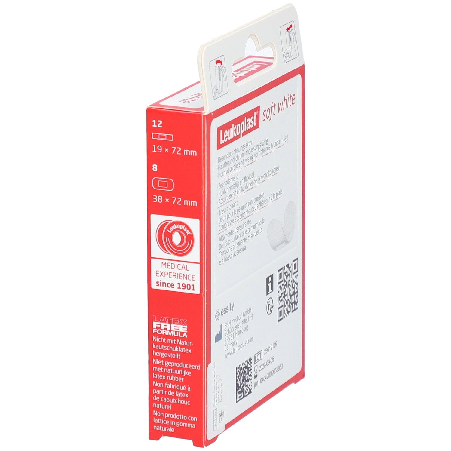 Seitenansicht der roten Verpackung Leukoplast Soft White. Größenangaben: 12 und 8 Stück.