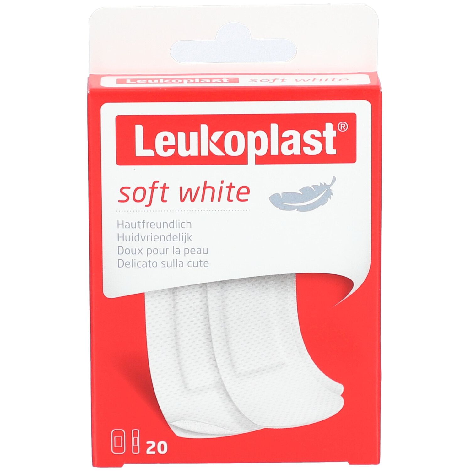 Rote Verpackung Leukoplast Soft White. Enthält 20 Pflaster. Größen: 12 x 72 mm und 38 x 63 mm.