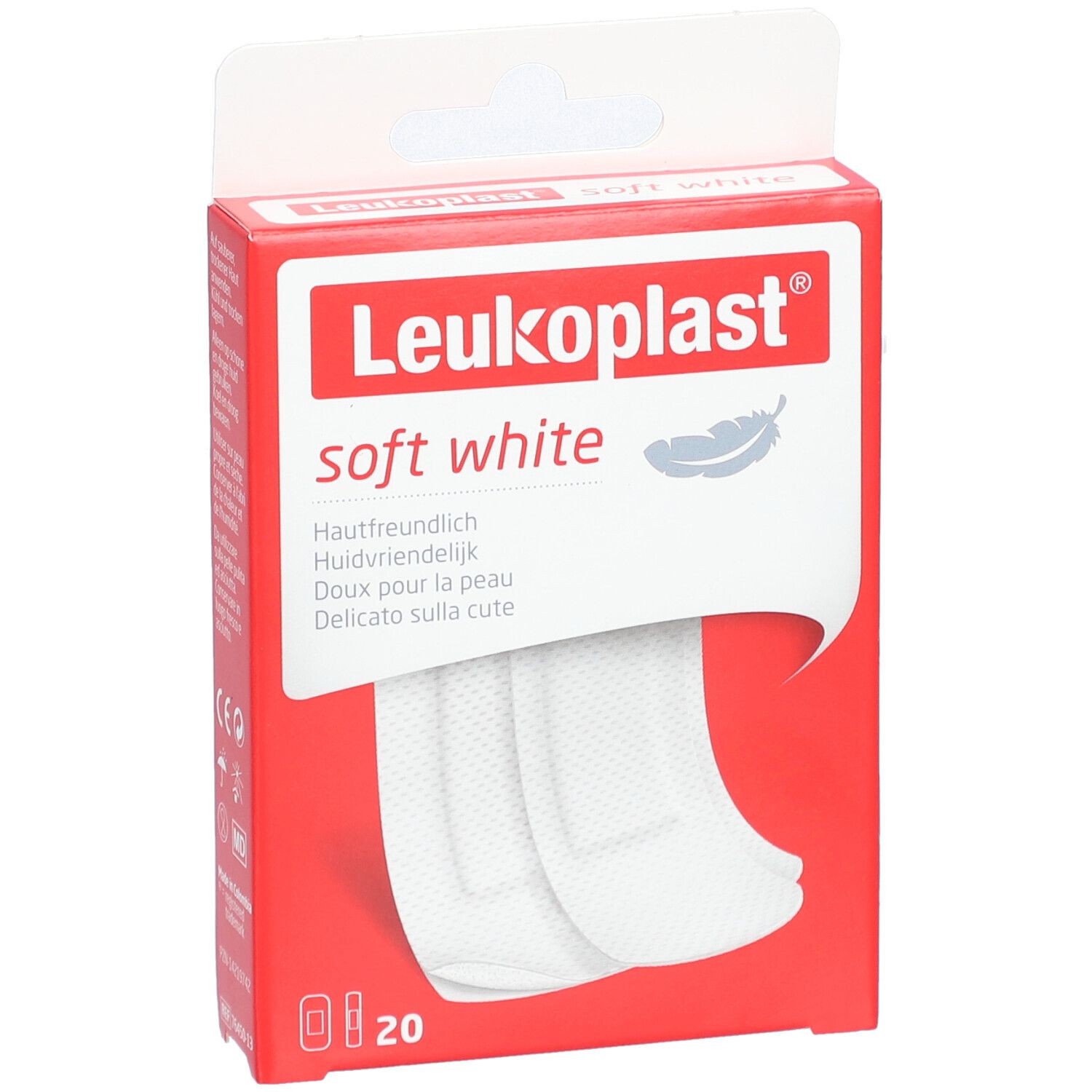 Rote Verpackung Leukoplast Soft White. Enthält 20 Pflaster. Größen: 12 x 72 mm und 38 x 63 mm.