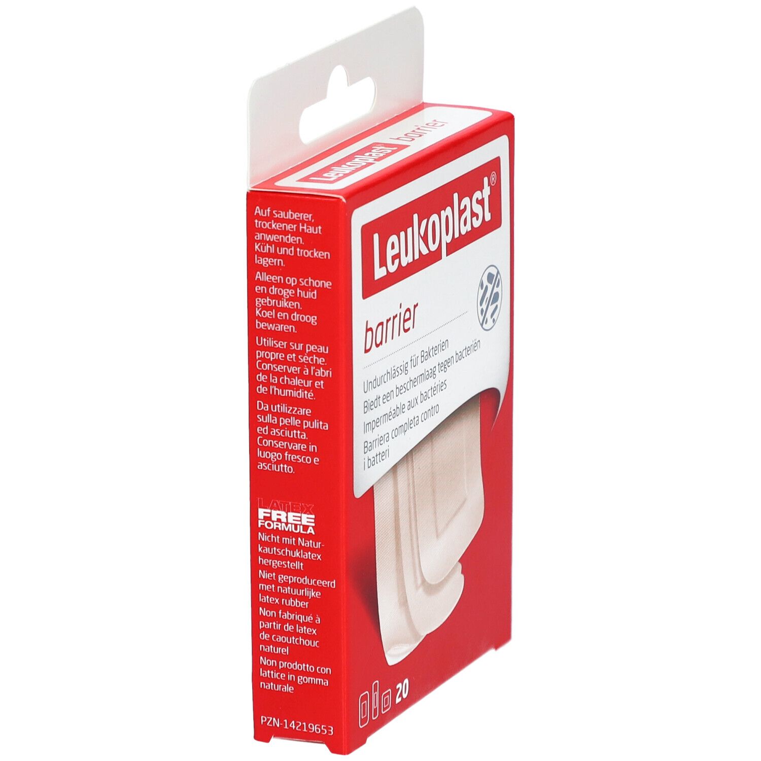 Boîte rouge avec pansements. Inscription: Leukoplast barrier. Texte sur la protection bactérienne. 20 pièces.