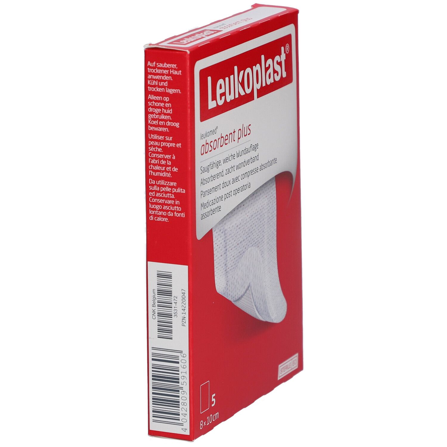 Rote Verpackung, Seitenansicht. Leukoplast-Logo und Produktbezeichnung. Enthält 5 sterile Wundauflagen.