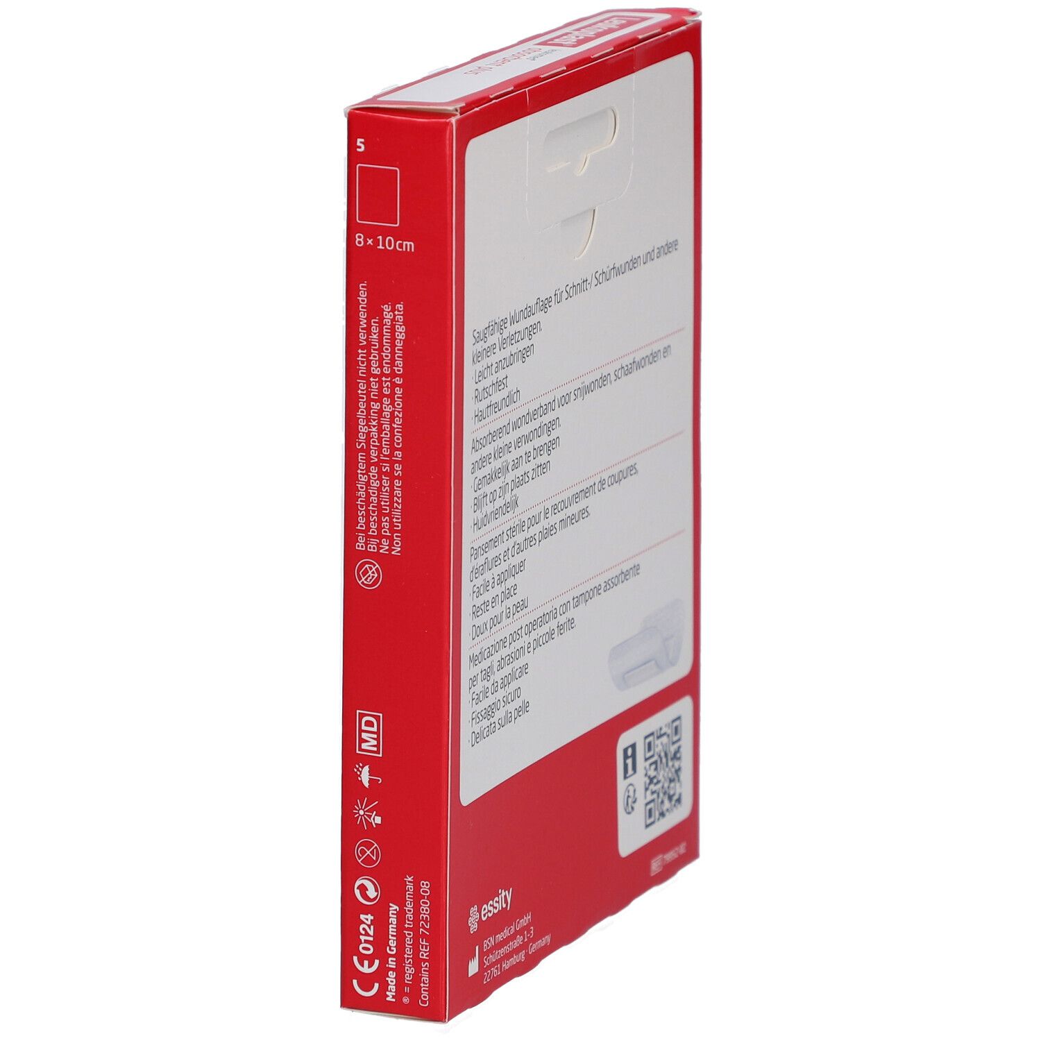 Rote Verpackung, Seitenansicht. Leukoplast-Logo und Produktbezeichnung. Enthält 5 sterile Wundauflagen.