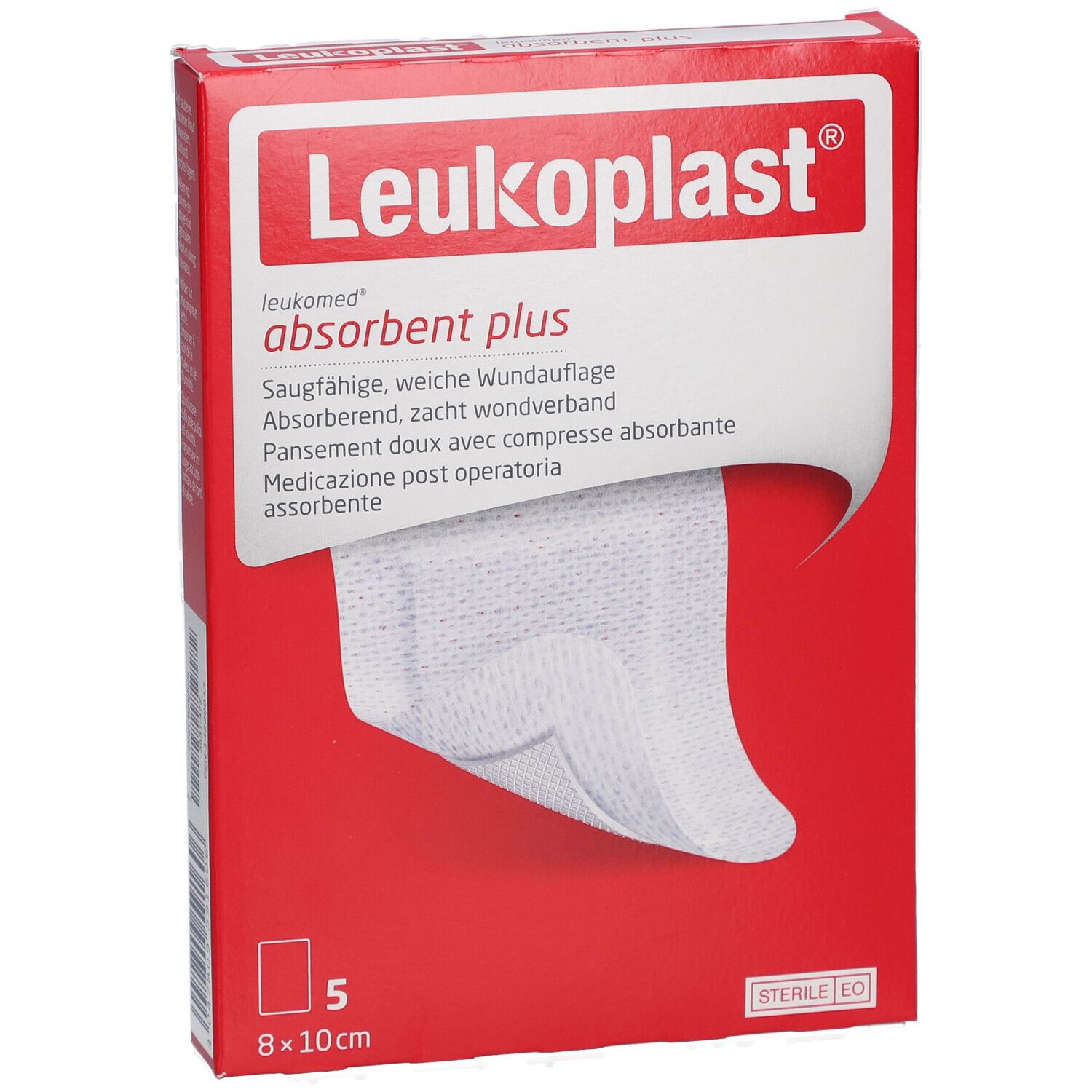Rote Verpackung mit Leukoplast-Logo und Produktbezeichnung. Enthält 5 sterile Wundauflagen, 8x10cm.