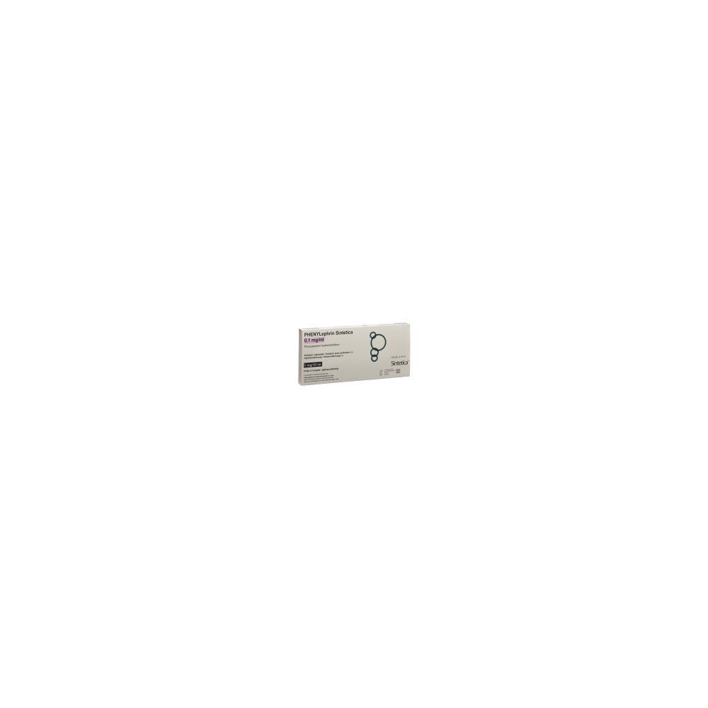 Kartonverpackung mit Produktinformationen. Aufschrift: Phenylephrin Sintetica 1 mg/10ml. Abbildung eines Moleküls.